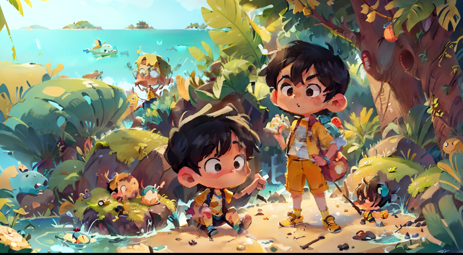 A boy with black hair,A yellow-haired boy,chibi proportions,Stylish shoes,FULL BODY,Swim by the sea,Sea in the background,dolphin,swim ring,mixer,candy color,fashion trend,super-detail