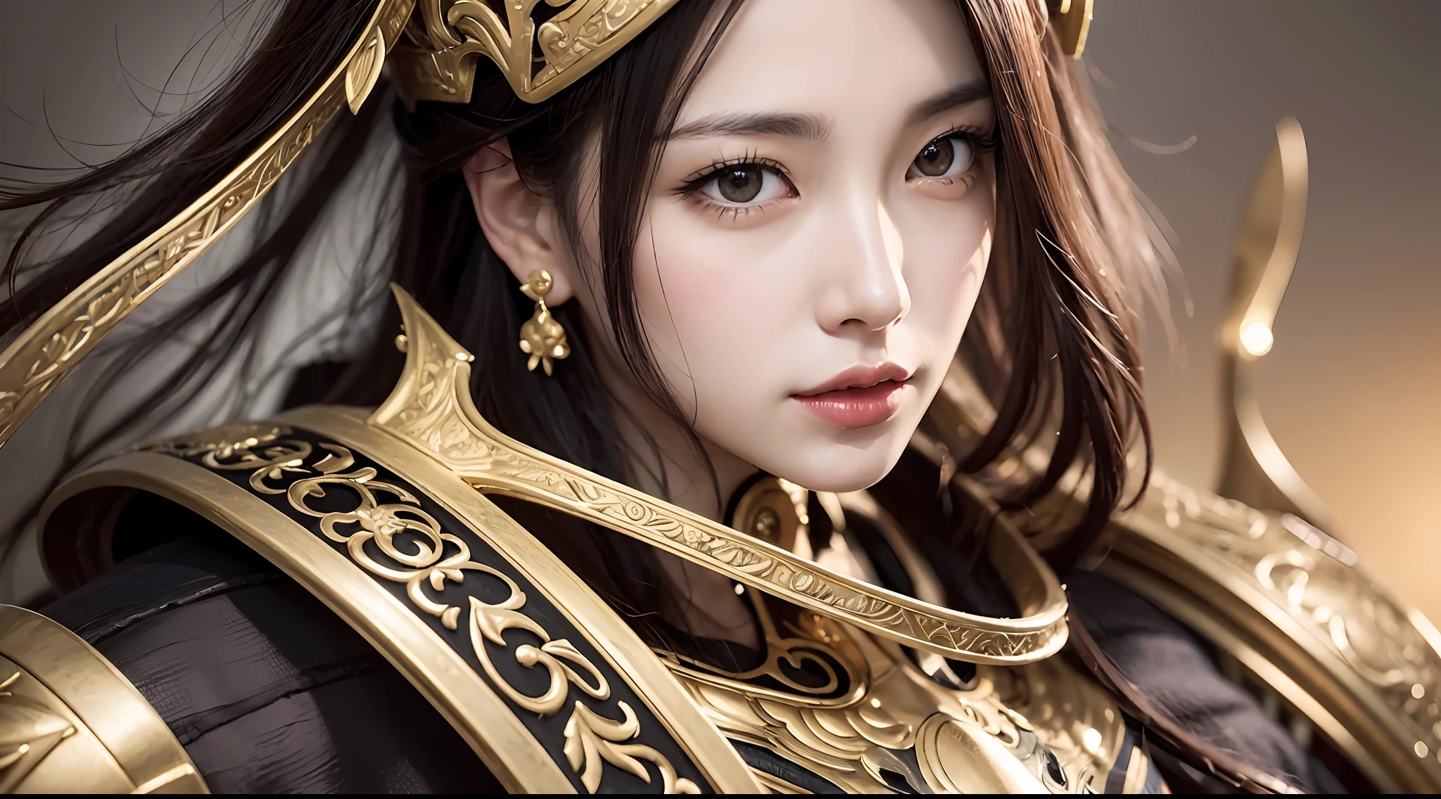 Close-up of woman in gold and red dress、Chengwei Pan at Art Station、By Jan J.、Detailed Fantasy Art、Stunning Character Art、Fan Art Best Art Station、Epic Exquisite Character Art、Beautiful Armor、Extremely Detailed Artgerm、detailed digital anime art、Art Germ at Art Station pixiv、Armored Lady