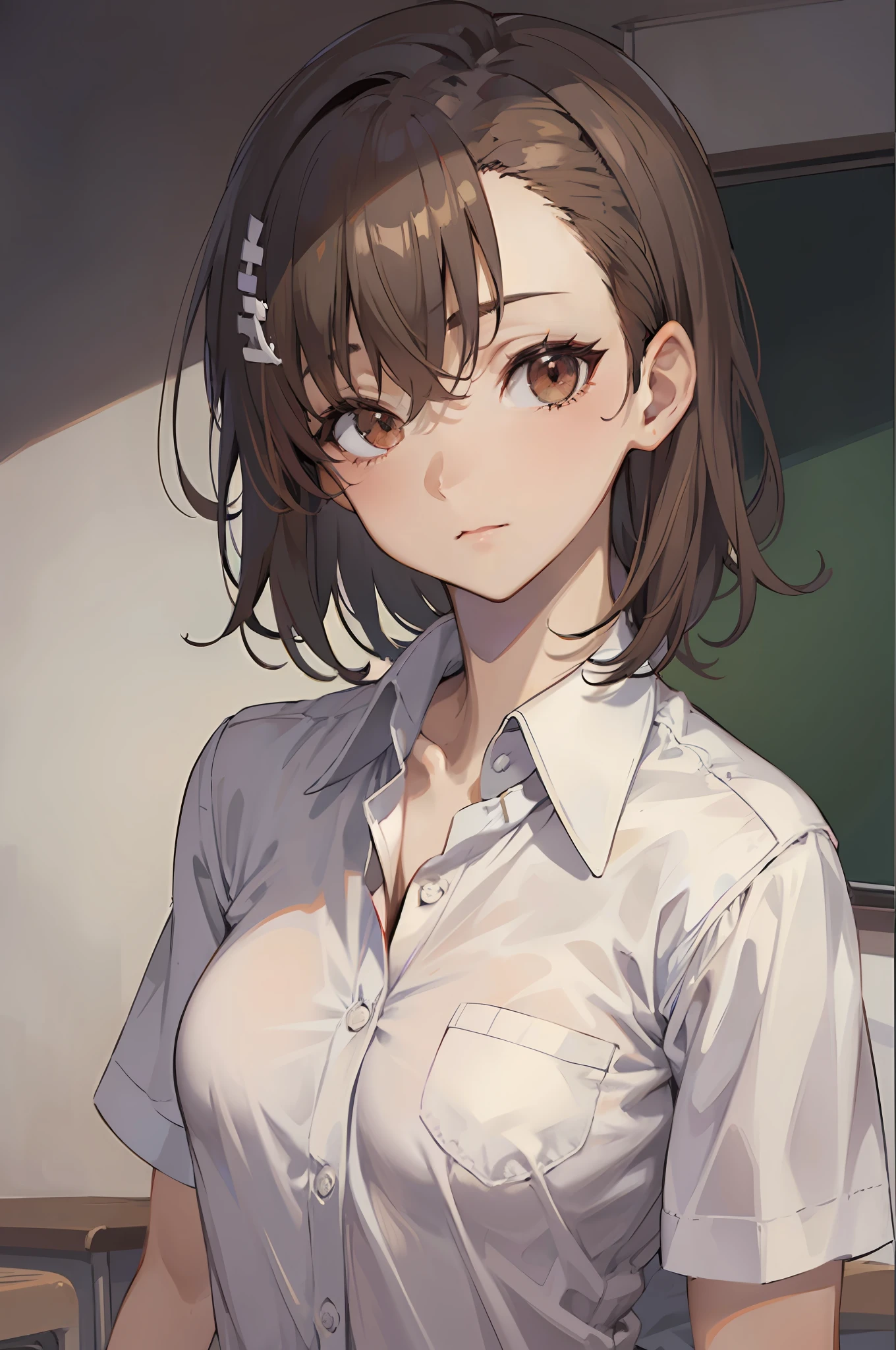 masterpiece, best quality, misaka_mikoto, brown eyes, looking at viewer, solo, short_hair, closed_mouth, collared_shirt, looking_at_viewer, school_uniform, shirt, white_shirt, small_breast, classroom