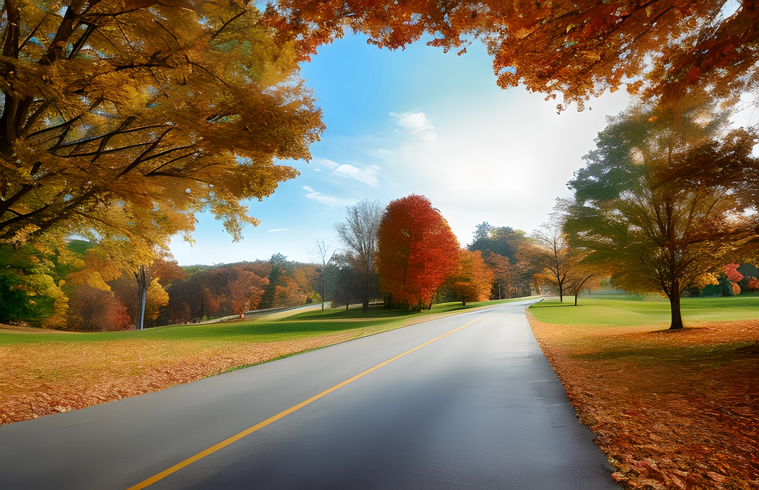 View of the road，There are trees and leaves on the sides, fall season, fall season, colorful autumn trees, fall foliage, during autumn, country road, colorful scene, beginning of autumn, in fall, photo taken with provia, maple trees along street, maple trees with fall foliage, fall vibrancy, autum, vibrant scene, in fall