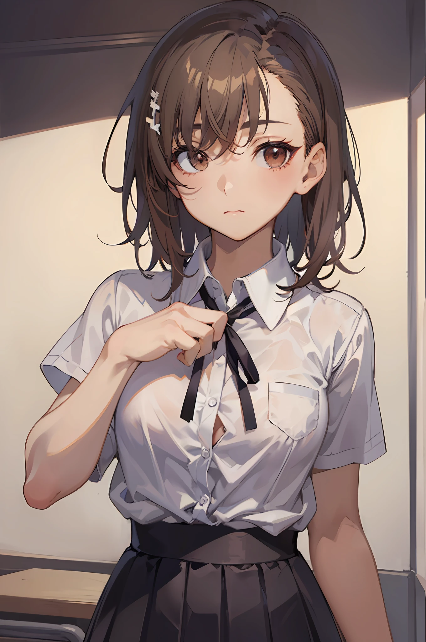 masterpiece, best quality, misaka_mikoto, brown eyes, looking at viewer, solo, short_hair, closed_mouth, collared_shirt, looking_at_viewer, school_uniform, shirt, white_shirt, small_breast, classroom