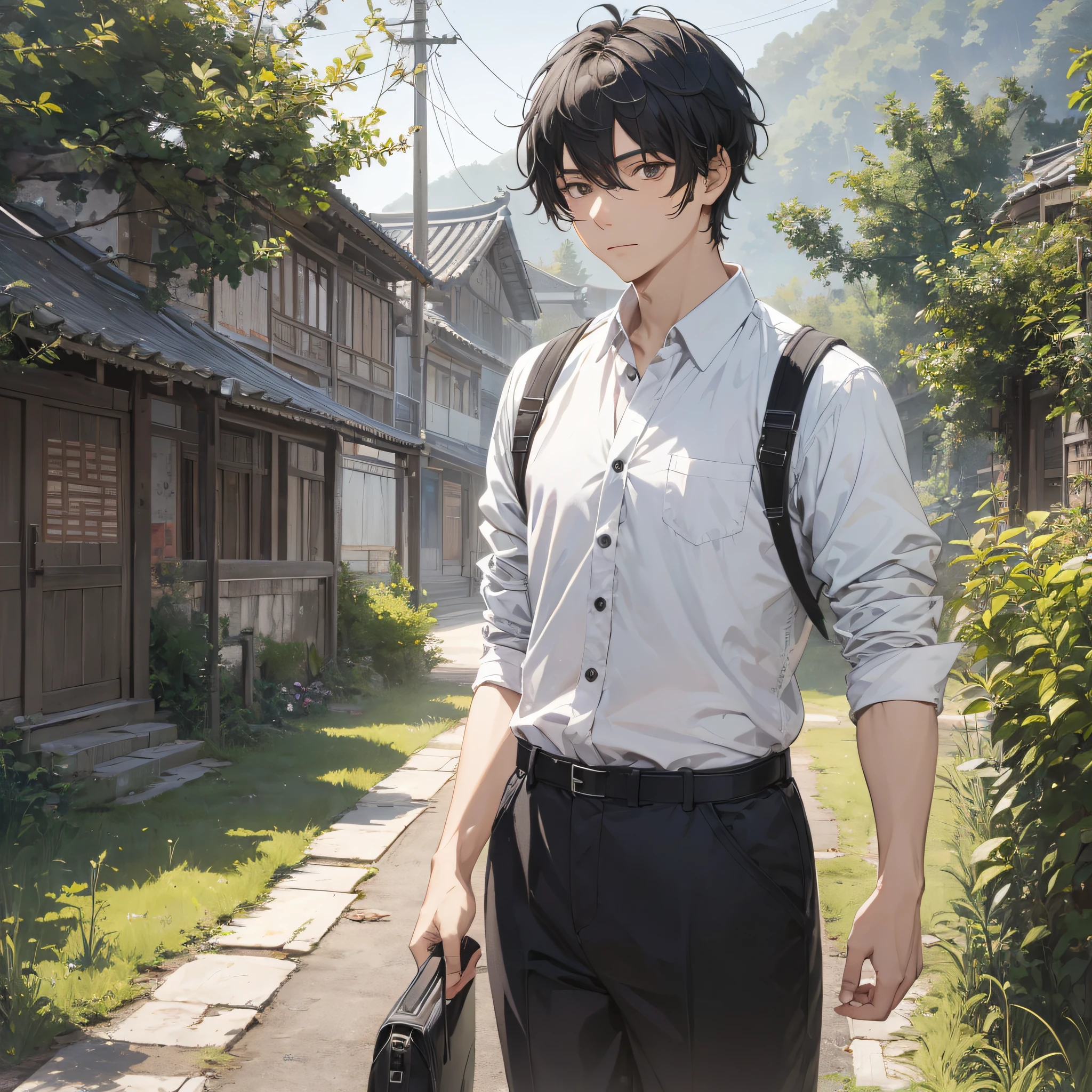 Ridiculous resolution，High res，（master masterpiece：1.4），Hyper Detail，rural china，field，The young man's short black hair is messy，Black casual wear