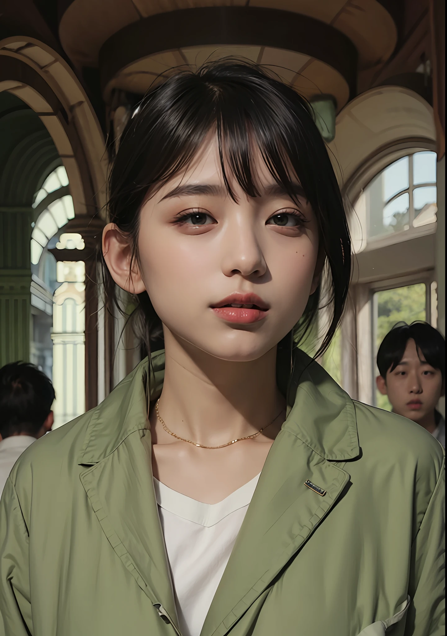 dark short hair、Light green jacket