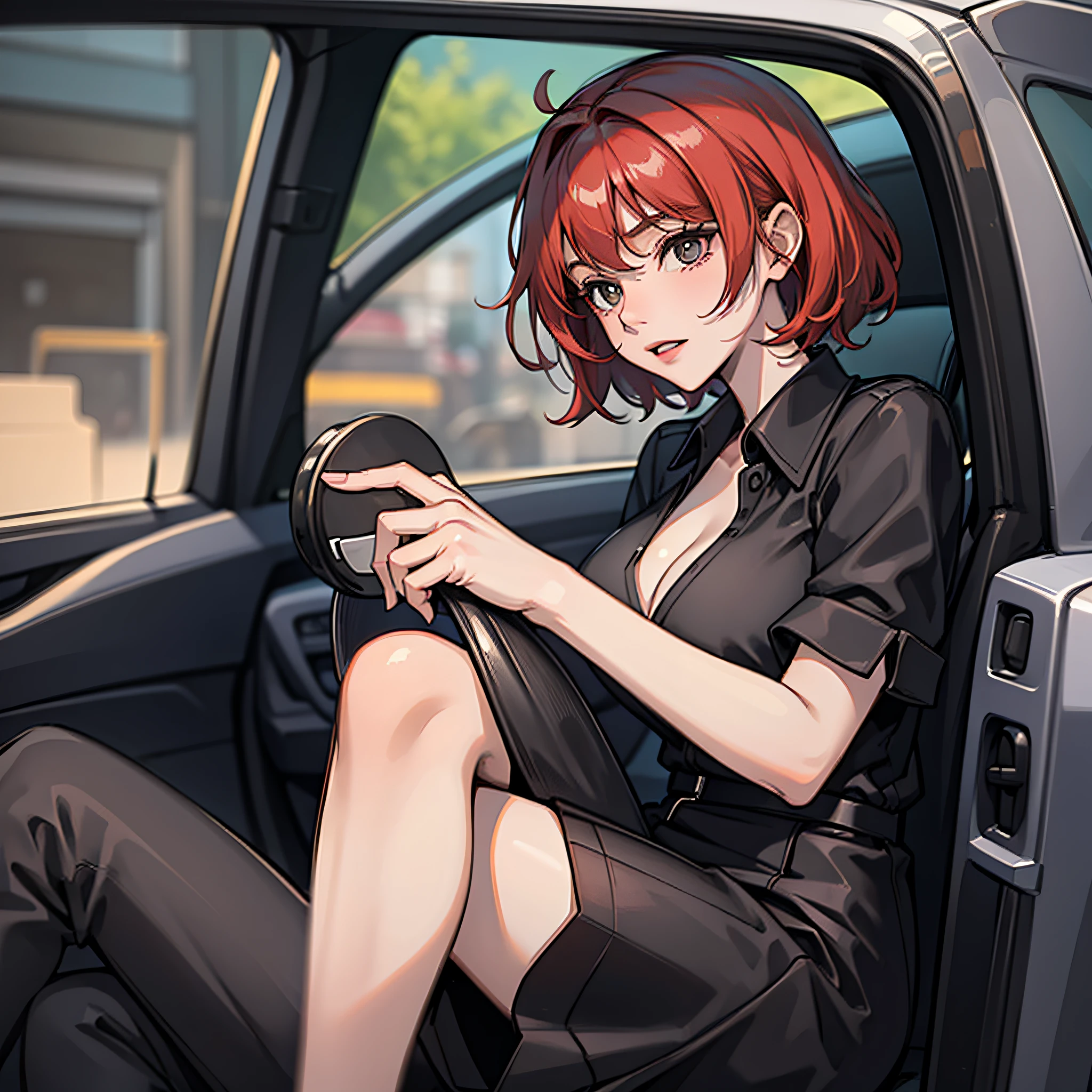 A woman in a black dress(short red tinted hair),Sit in a sedan,4K