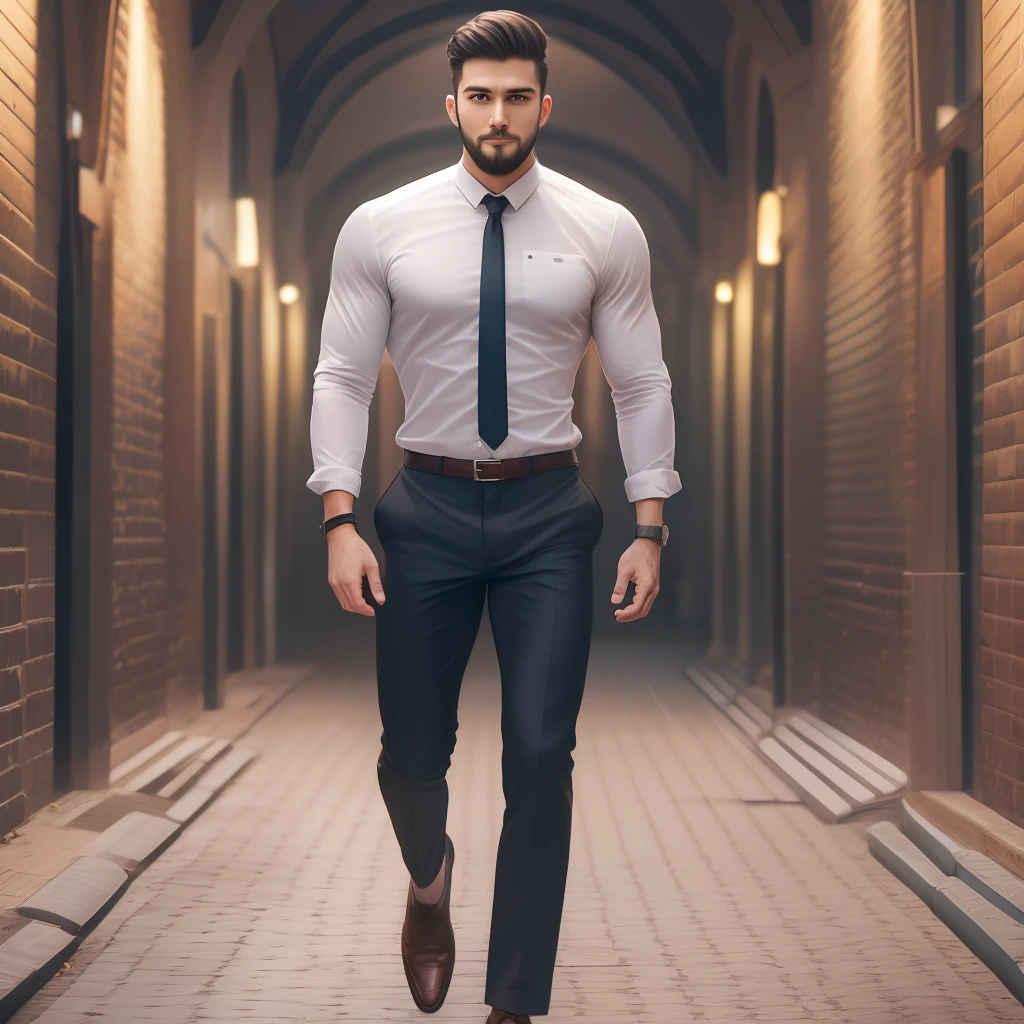 1man, a 30 year old muscular man, wearing a long sleeved white shirt, tie, leather shoes, full body, soft lighting, masterpiece, best quality, 8k uhd, digital DSLR camera, film particles, Fujifilm XT3 realistic painting art