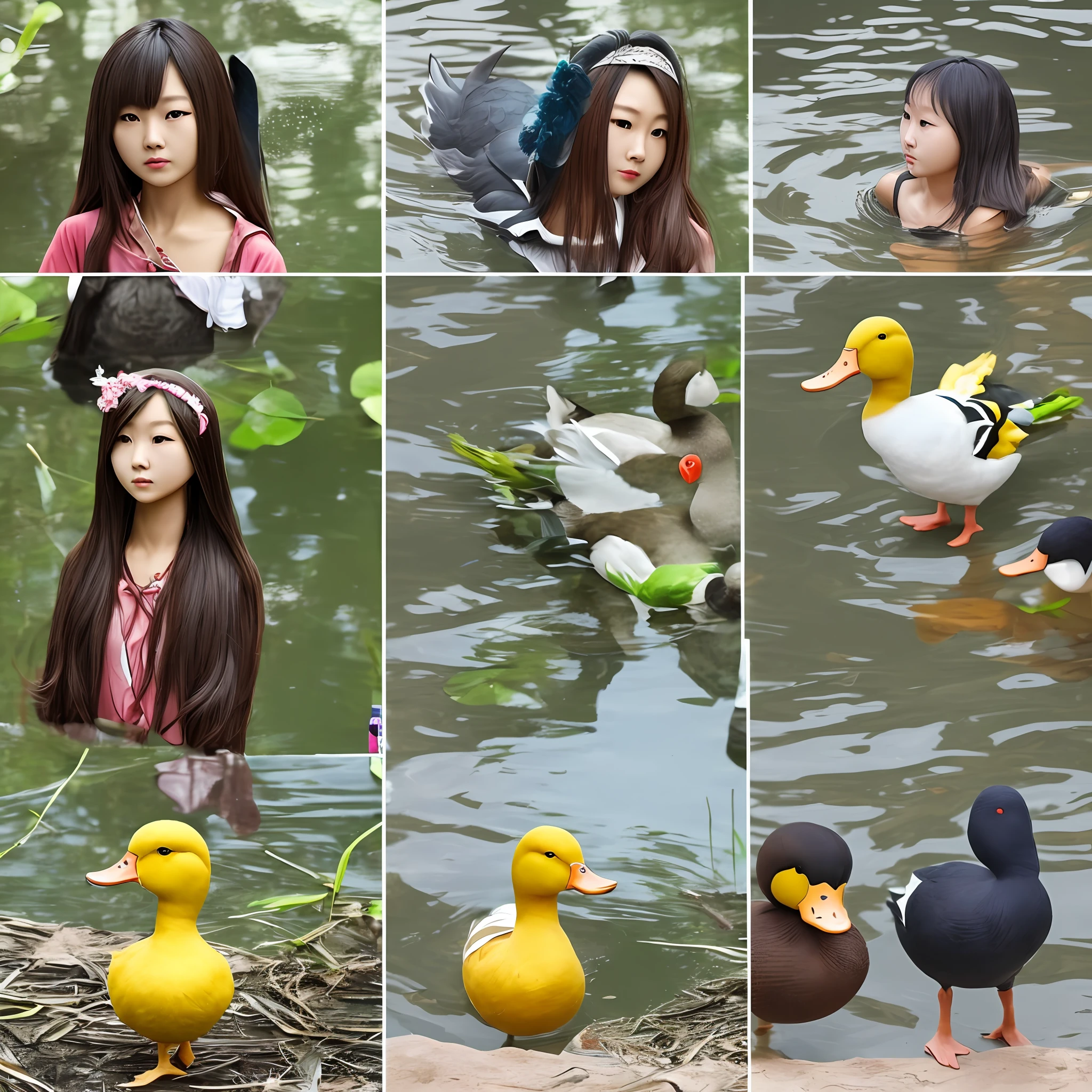 Hybrid of human female and duck、Human-like appearance、Height is the same size as a duck --auto
