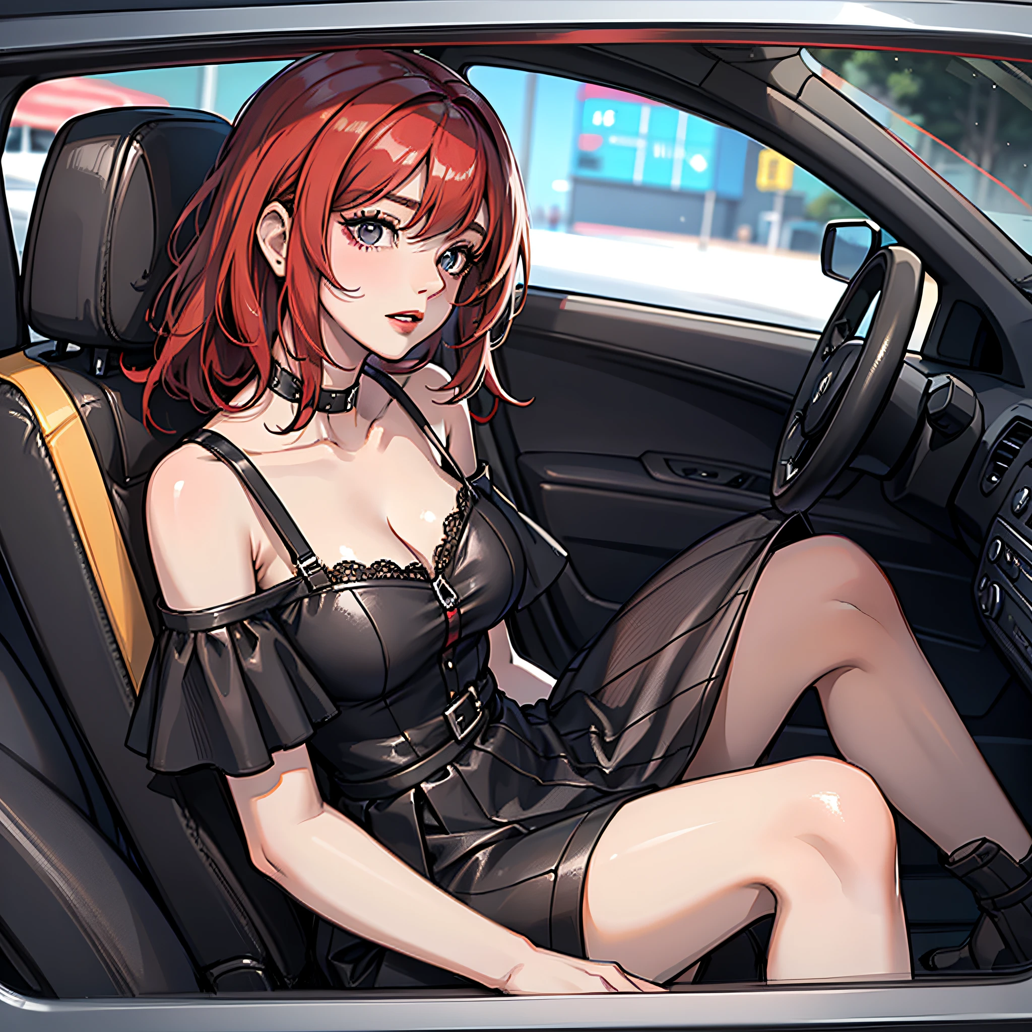 A woman in a black dress（short red tinted hair），Sit in a sedan，4K