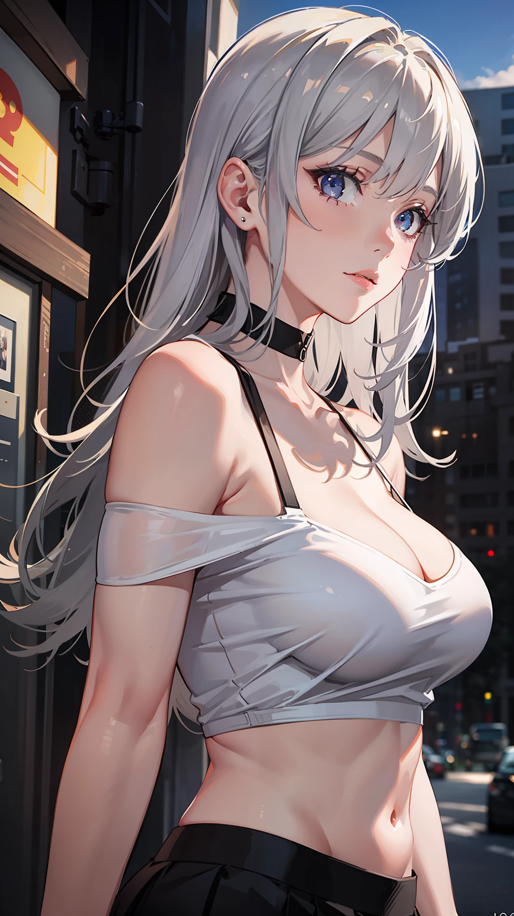 best quality, ultra high res, (photorealistic:1.4), 1girl, off-shoulder white shirt, black tight skirt, black choker, (faded ash gray hair:1), (large breasts:1), looking at viewer, closeup ,
