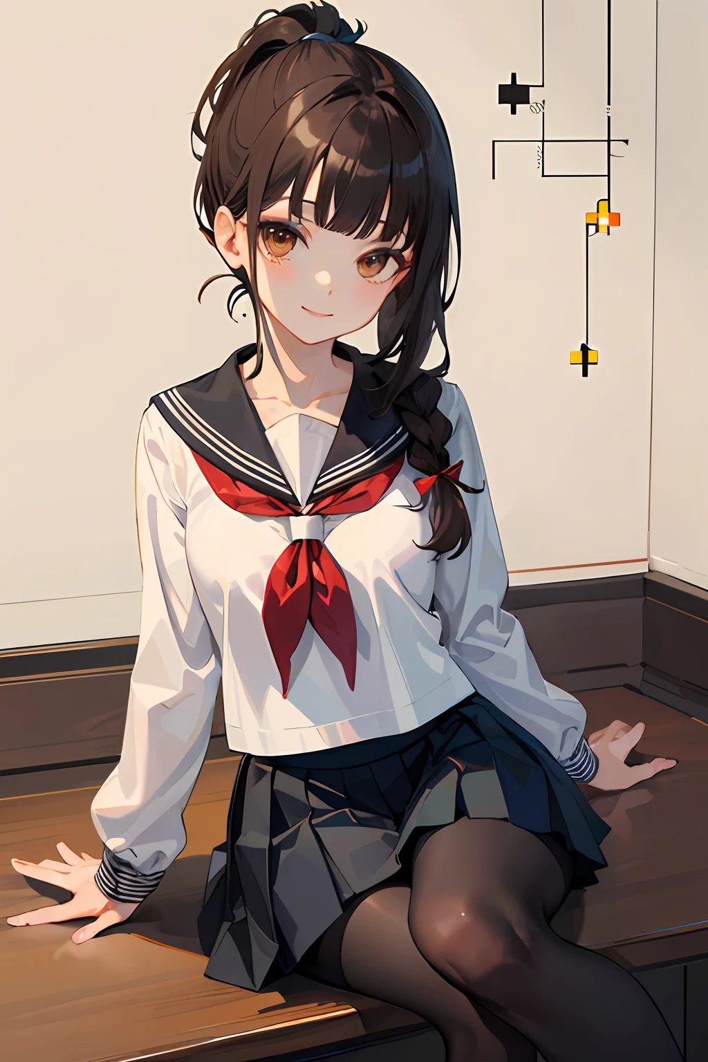 (Best Picture Quality, most details，The most lifelike),(hdt，Personalized makeup， Pleated skirt，Blunt bangs cover the forehead,The single braid hangs down the chest，Medium milk，Brown eyes，black，/Brown hair high ponytail),(The best light and shadow, Sorrisos，Brown eyes)，(Role diagram), Hair gradients(+High horsetail:1.2)，with a simple background，whiteshirt， Knee，  Pleated skirt， hair bangs， black sailor collar， neckline， a black skirt， LONG SLEEVES， Library， sits、Black tights