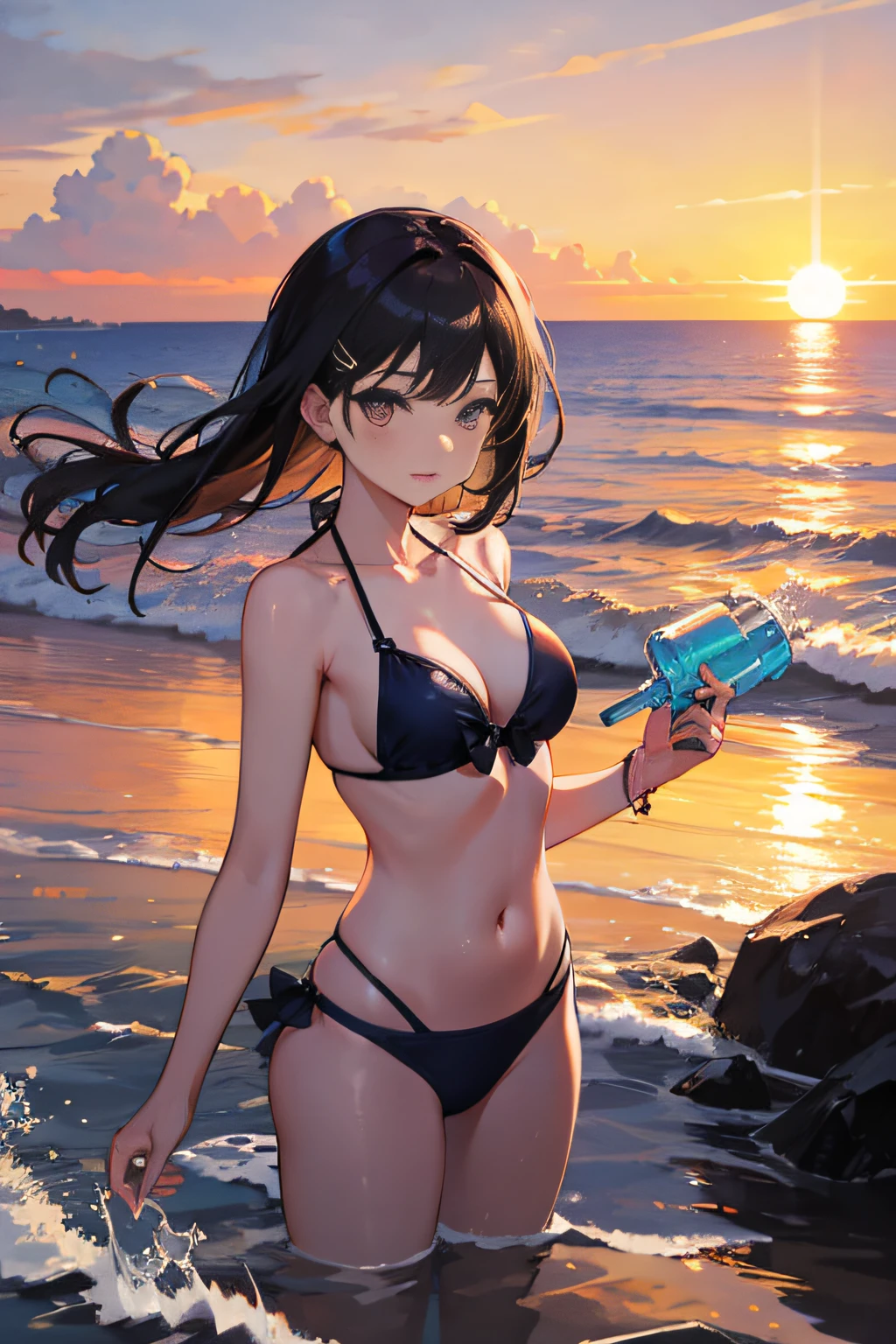 2女孩，bikinis，spray，seas，the setting sun