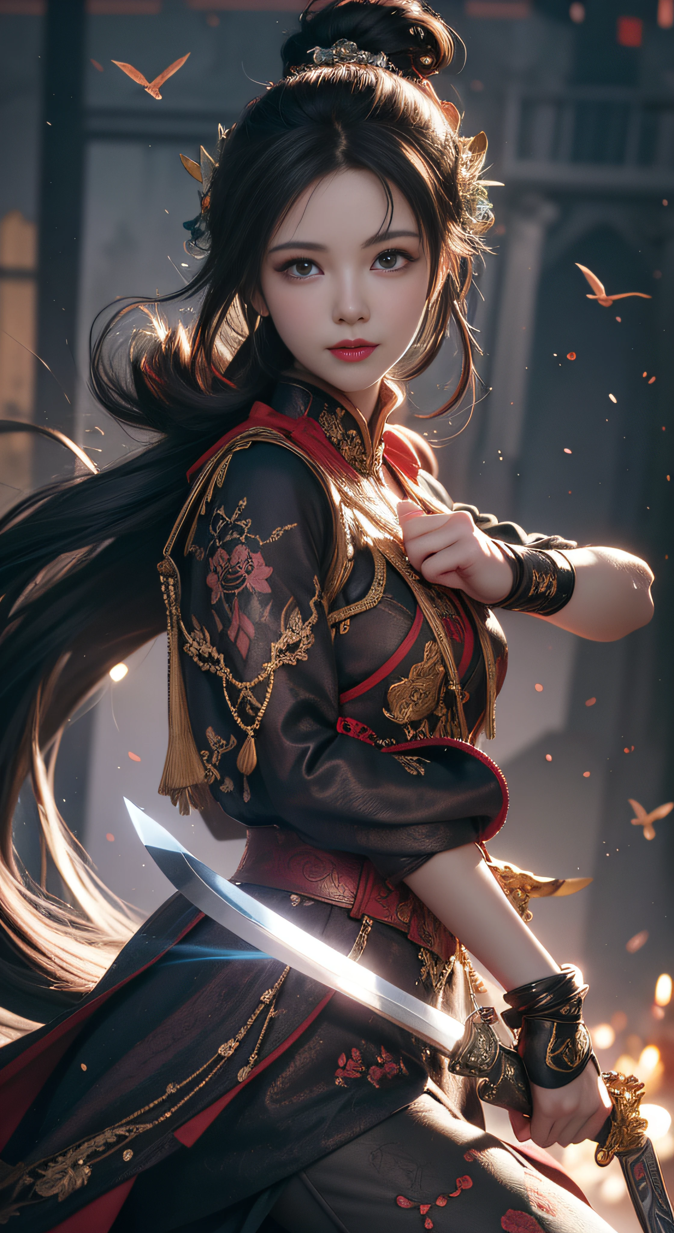 anime girl with sword in hand and flying birds in the background, artgerm and atey ghailan, by Yang J, alice x. zhang, beautiful digital artworks, ross tran 8 k, beautiful character painting, artwork in the style of guweiz, chengwei pan on artstation, holding a sword on her shoulder