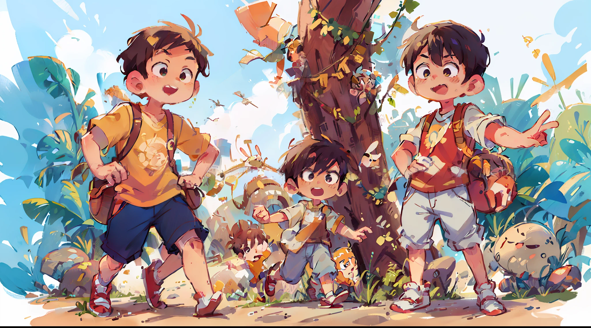 Two handsome boys sunny positive energy boys, an Asian boy, a European boy, chibi proportions, stylish shoes, full body, seaside running and jumping action, background with sun, sand, sea, blender, candy color, fashion trend, super details