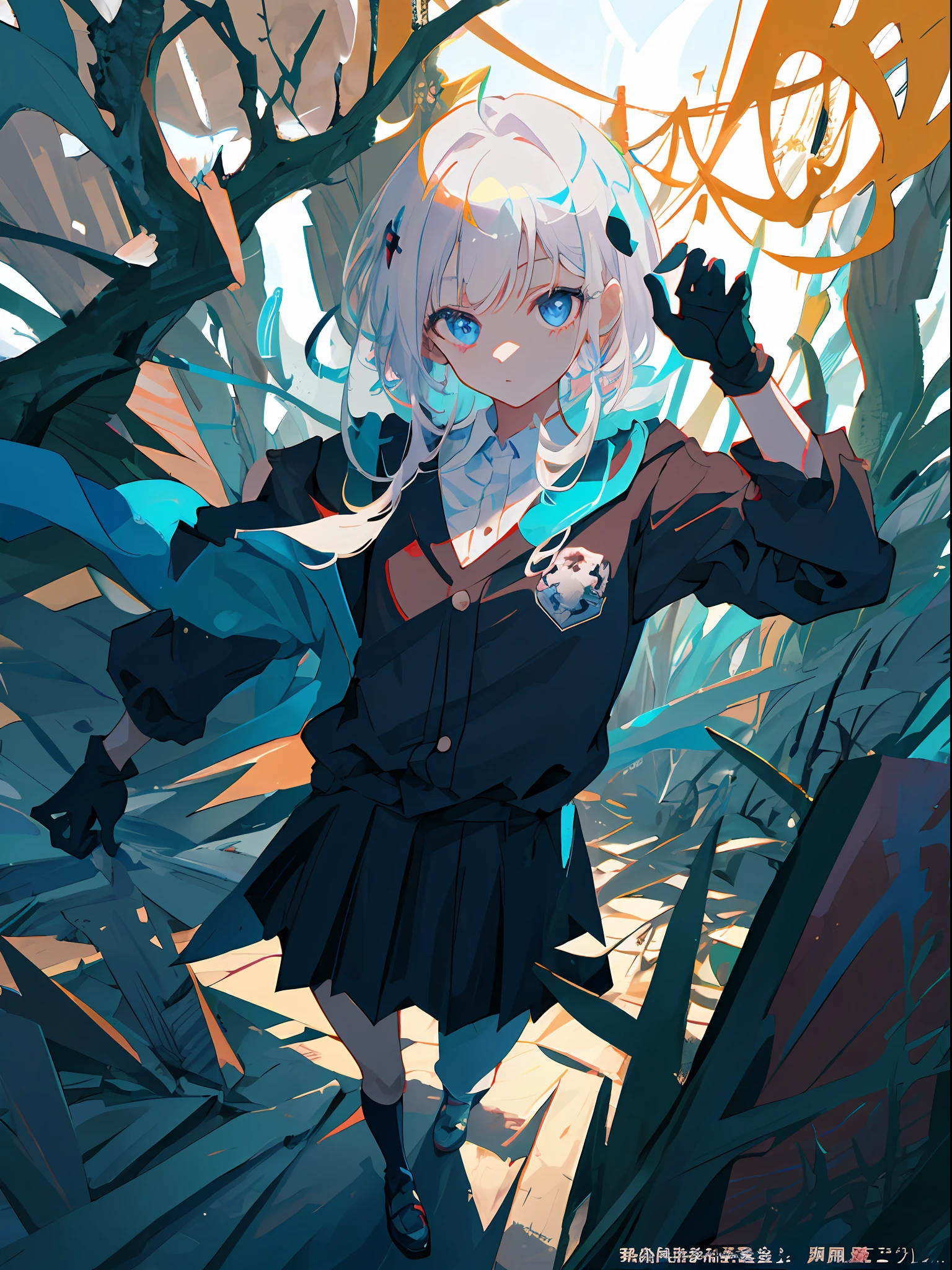 master masterpiece，high quallity，1girl，A female investigator wears a student uniform，anime girl with white hair and black gloves walking through a forest, artwork in the style of guweiz, anime lush john 8k woods, anime cover,detailed anime character art, anime style 4 k, The character depiction is very detailed，The female investigator in the picture has multiple scars，It gives a terrifying feeling that the female investigator wears a jacket，The whole image is very nuanced。