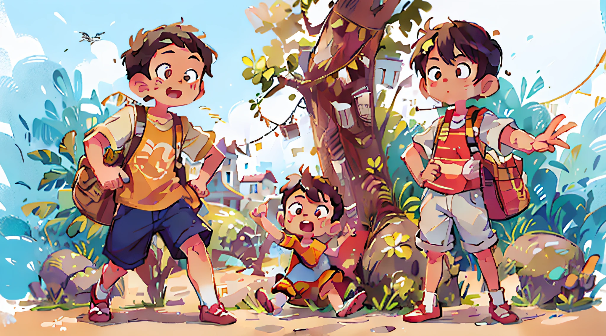 Two handsome boys sunny positive energy boys, an Asian boy, a European boy, chibi proportions, stylish shoes, full body, seaside running and jumping action, background with sun, sand, sea, blender, candy color, fashion trend, super details