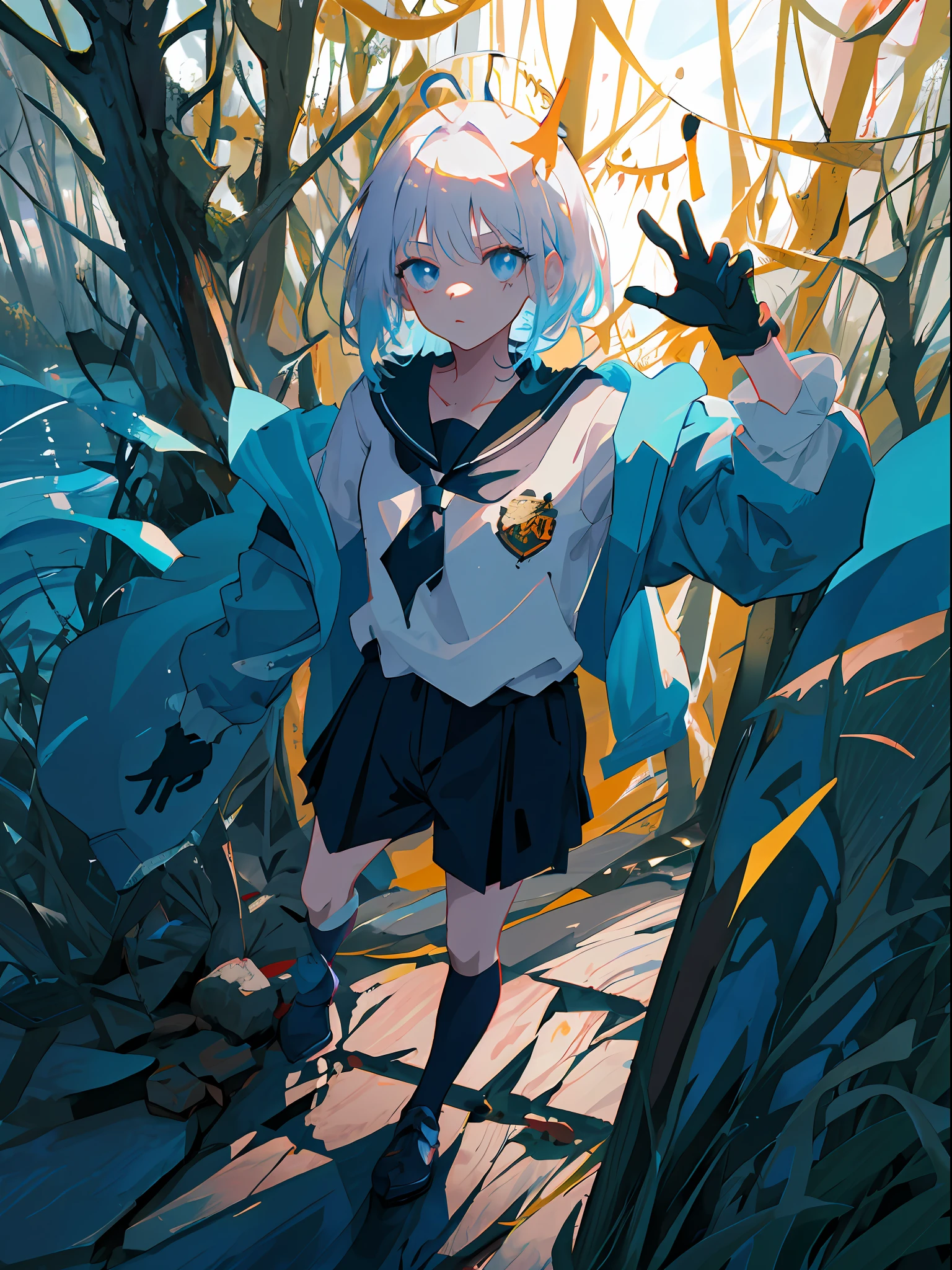 master masterpiece，high quallity，1girl，A female investigator wears a student uniform，anime girl with white hair and black gloves walking through a forest, artwork in the style of guweiz, anime lush john 8k woods, anime cover,detailed anime character art, anime style 4 k, The character depiction is very detailed，The female investigator in the picture has multiple scars，It gives a terrifying feeling that the female investigator wears a jacket，The whole image is very nuanced。