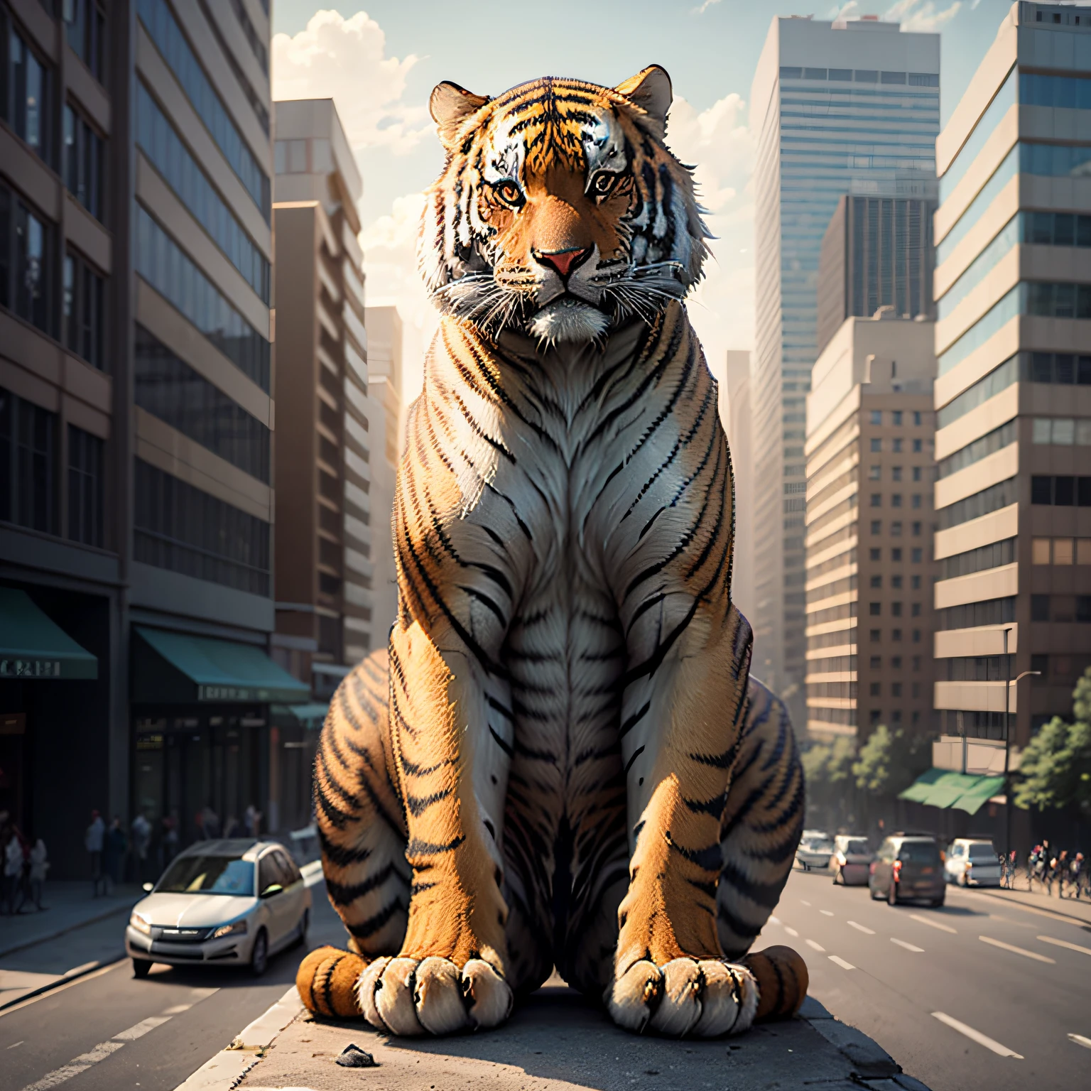 Un tigre majestueux se tient dans une posture gracieuse, Dominating a new city back-plan. --auto