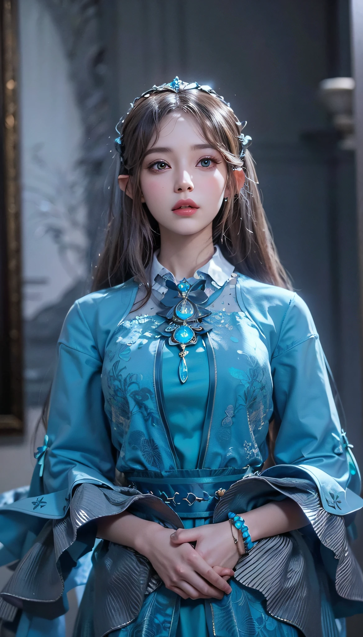 a close up of a drawing of a woman in a blue dress,Wear a tie, hyperdetailed fantasy character, 3 d render character art 8 k, game cg, Seductive princess knight, elf princess, Very beautiful supermodel, beautiful and elegant queen, ((a beautiful fantasy empress)), elven princess, beautiful princess, 3 d cg,((perfect face)),((with exquisite facial features)),((Beautiful eyes))
