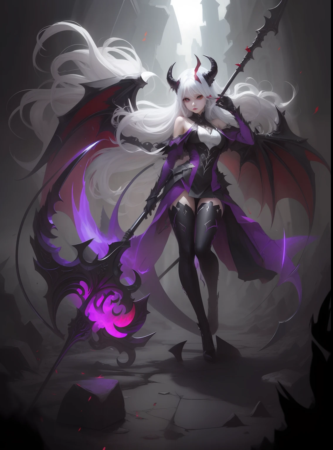 demon girl， Holding a red scythe ，white hair，Red demon wings，Black-purple tights，Black stockings，demon horns，