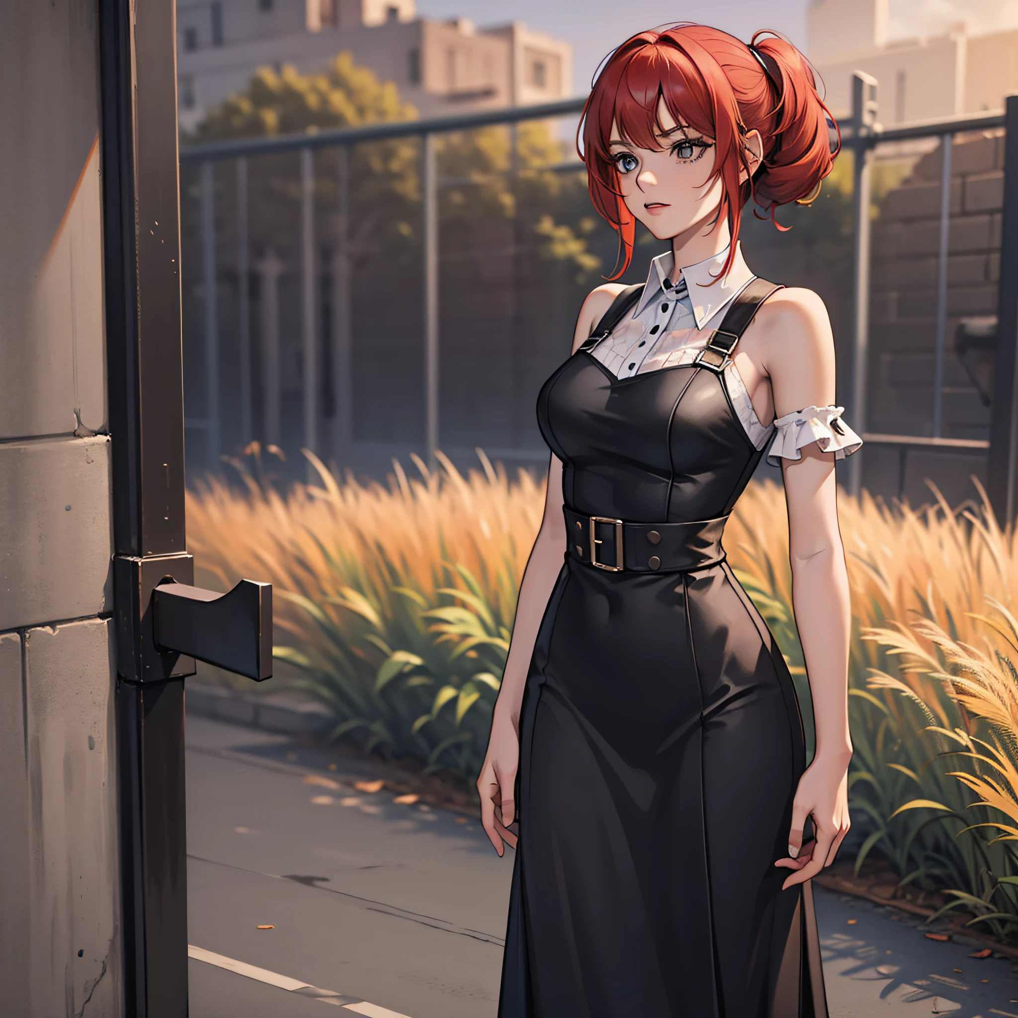 A woman in a black dress（short red tinted hair），Stand at the prison gate，4K