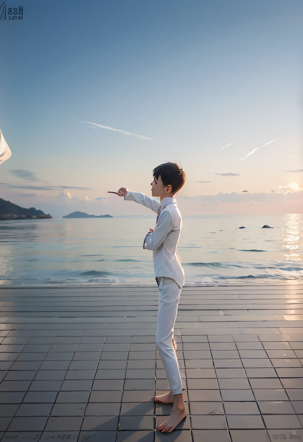 a in pure white suit,Side view,Raise one arm,Bend one arm,Loose three-piece white suit