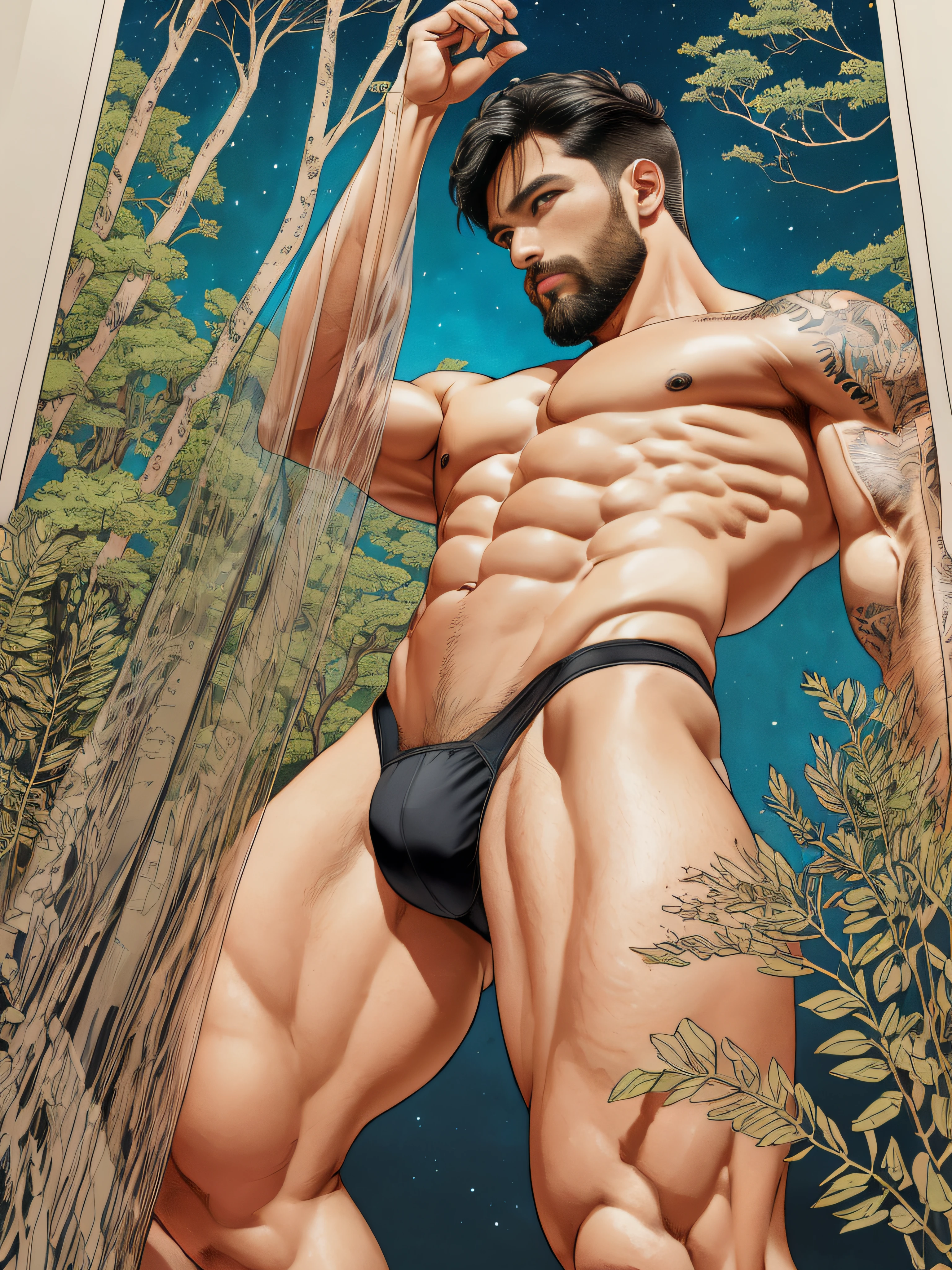 (Hiroko Yuhiguchi, 1.4), Yuko Higuchi,(By Yoh:1.2),(master masterpiece,best best quality,Official fine art,Beauty and Aesthetics:1.2),(Hyper Detail),((Clear skin color tong,Looming internal structure:1.1))((Inch hair is short,Short beard stubble:1.1))((bobed hair,brush cut,32岁muscle man:1.1))Finely detail,best illustrations,Hand drawn high quality,(High Contrast),(Clean lines:1.3),(arte de linha),Line Drawing,(Complex lines),Ligne Claire,s fractal art,stroke,ukiyoe style,(full body portrait,No pants on,extreme close up:1.1),(muscle man,Wear only a pair of skin-colored transparent thongs:1.1)(He was surrounded by dead trees:1.1),The perfect facial features of a supermodel,full body showing(Short hair,Bearded stubble),Thong boy,Surround composition,Perfect pectorals and abs,mysterious night,Extremely provocative and sexy(increased detailing),(Detailed background:1.2),(cores、),High res,Extreme detail((Clear white thong:1.1)) --auto