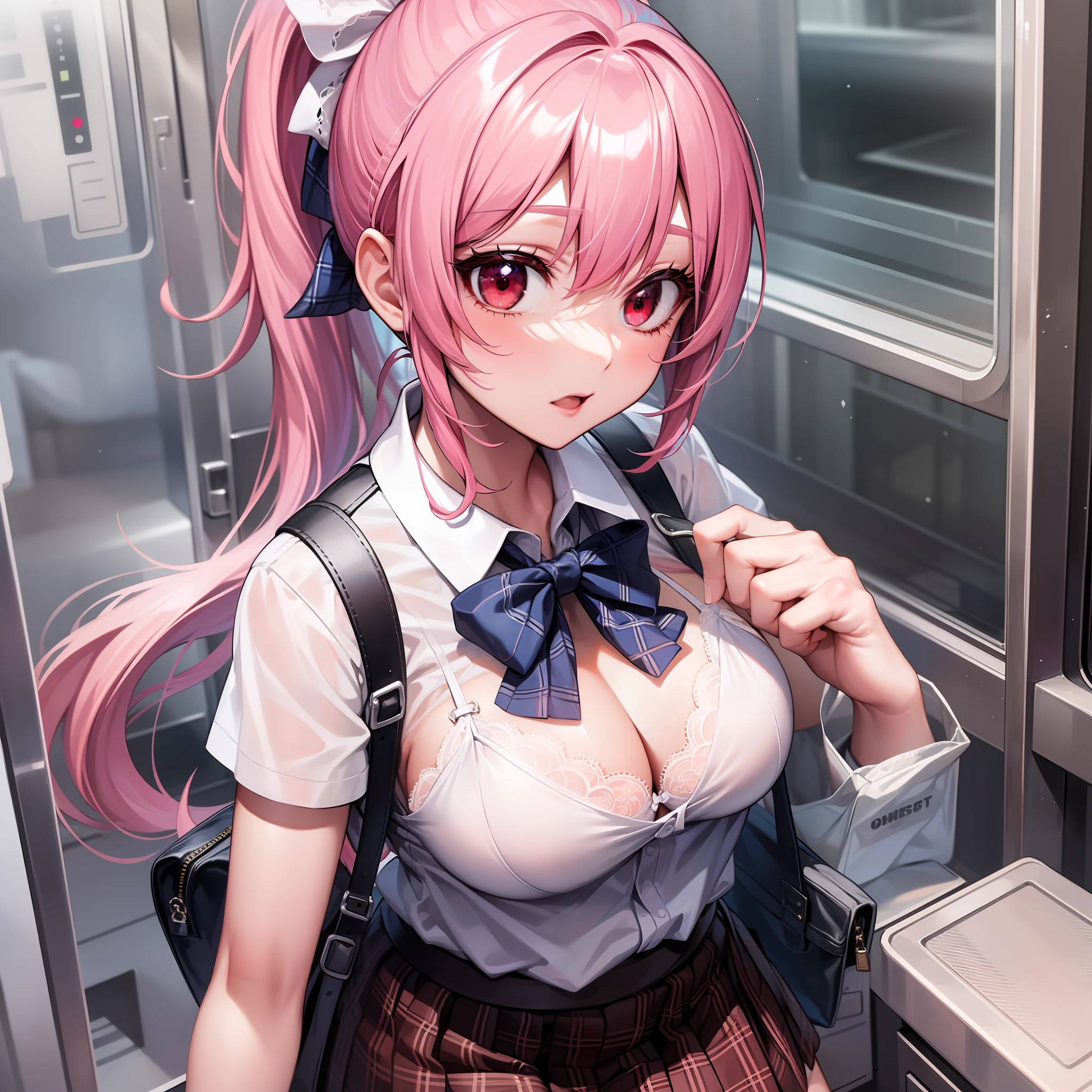 detailed Face、long eyelash、Detailed eye、(High Ponytail:1.3)、(red eye:1.3)、(Pink hair and white mesh:1.2)、large breast cleavage、slimness、Tartan checked skirt、angle from above、white school uniform、Light blue and white lace sheer lingerie、FULL BODY、Bag、Get off the bus