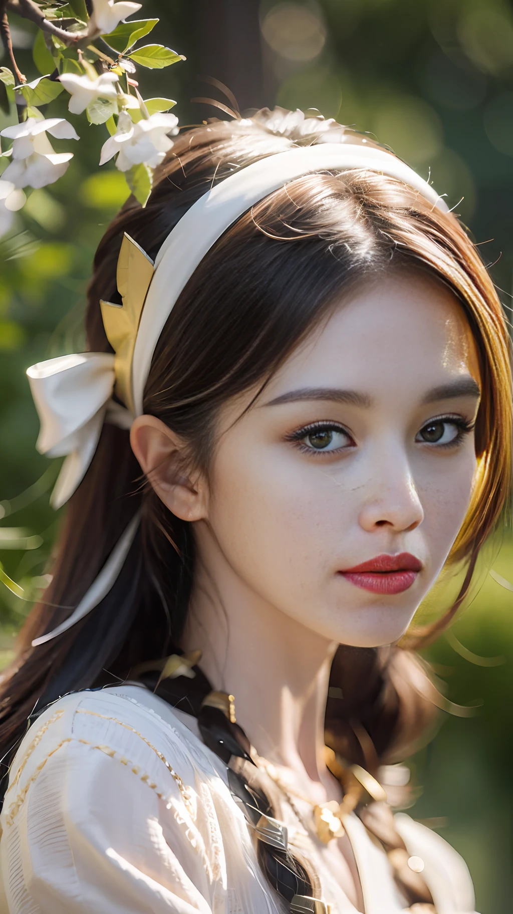 closeup on face, Face shot, (White dress :1.7), short miko skirt, Long streamers, blonde hairs, golden hair, (Pointed ears: 1.5), (Gold pattern quality:1.3), female pubic hair, with long blond hair, Off-the-Shoulders, Top detail CG quality 4K wallpaper, Master, A Masterpiece, portraits, The middle, Watch the footage, Beautiful Chinese-Korean mixed race idol, ((Super fine face, detailed description of facial features)), Lip biting makeup, Sweet smile, Perfect facial features, Model figure, Good complexion, the trees, branches, Golden meadow, stream, Golden leaves, Evening, Twilight, The setting sun, Twilight, autumn, twin braids, hair strand, diagonal bangs, hair ribbon, hair ornament, forehead jewel, jeweled branch of hourai, crescent hair ornament, fish hair ornament, hime cut, low ponytail, realism, god rays, sparkle, cinematic lighting, lens flare, UHD, high details, high quality, highres, best quality, 8k, 16k, high details, high quality, super detail, anatomically correct, masterpiece, ccurate