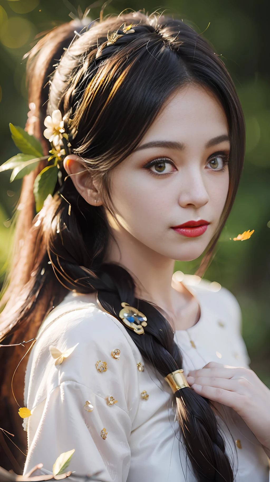 closeup on face, Face shot, (White dress :1.7), short miko skirt, Long streamers, blonde hairs, golden hair, (Pointed ears: 1.5), (Gold pattern quality:1.3), female pubic hair, with long blond hair, Off-the-Shoulders, Top detail CG quality 4K wallpaper, Master, A Masterpiece, portraits, The middle, Watch the footage, Beautiful Chinese-Korean mixed race idol, ((Super fine face, detailed description of facial features)), Lip biting makeup, Sweet smile, Perfect facial features, Model figure, Good complexion, the trees, branches, Golden meadow, stream, Golden leaves, Evening, Twilight, The setting sun, Twilight, autumn, twin braids, hair strand, diagonal bangs, hair ribbon, hair ornament, forehead jewel, jeweled branch of hourai, crescent hair ornament, fish hair ornament, hime cut, low ponytail, realism, god rays, sparkle, cinematic lighting, lens flare, UHD, high details, high quality, highres, best quality, 8k, 16k, high details, high quality, super detail, anatomically correct, masterpiece, ccurate