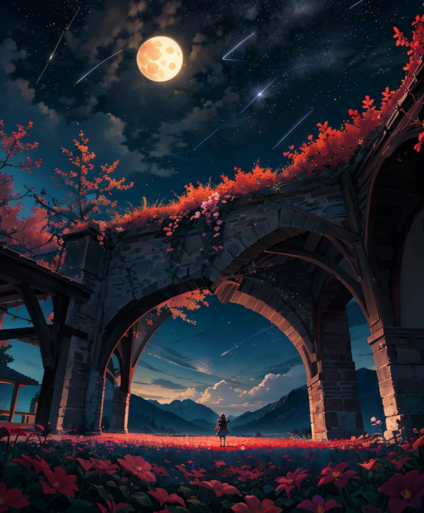 Expansive landscape photograph, (view from below with a view of the sky and wilderness below), standing in a flower field looking up, (full moon: 1.2), (shooting star: 0.9), (nebula: 1.3), distant mountain, tree break production art, (warm light source: 1.2), (firefly: 1.2), lamp, purple and orange, intricate detail, volume lighting, realism break (masterpiece: 1.2) (Best Quality), 4K, Ultra-Detailed, (Dynamic Configuration: 1.4), Highly Detailed and Colorful Details, (Iridescent Colors: 1.2), (Glowing Lighting, Atmospheric Lighting), Dreamy, Magical, (Solo: 1.2)
