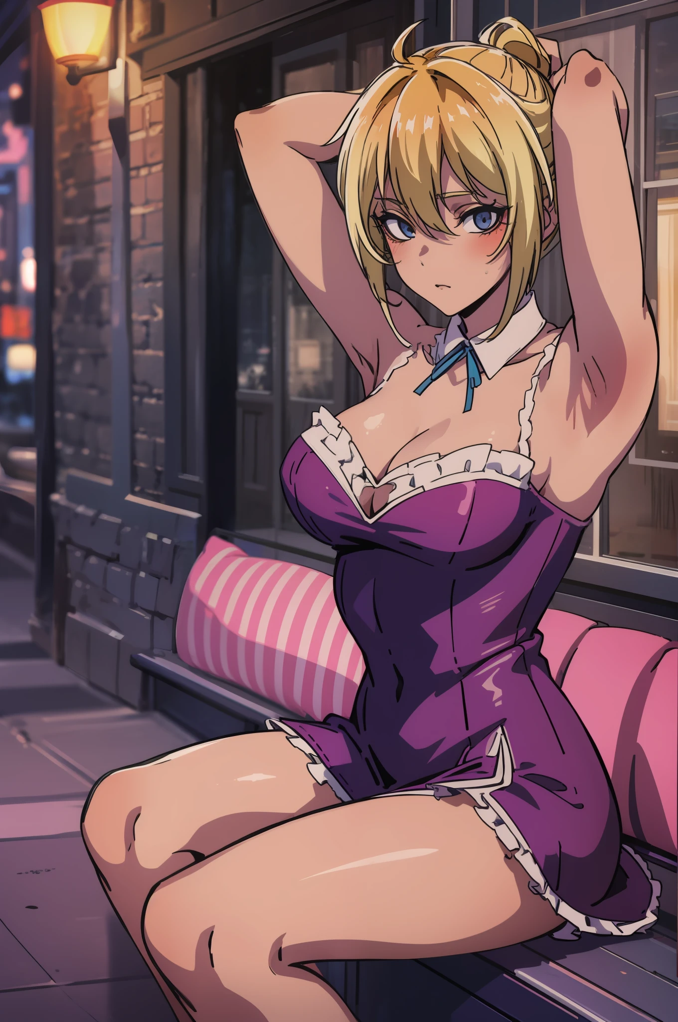 masterpiece, best quality, ultra-detailed, illustration, photo of a beautiful woman,hair ornament ,wearing pink dress ,spread arms, medium boobs,(shaved armpits:1.1), blushing, naughty face,sitting outside of restaurant,rim lighting, studio lighting,skin texture,skin pores , hyper detailed, 8k ultra UHD, --tall:1.1.5