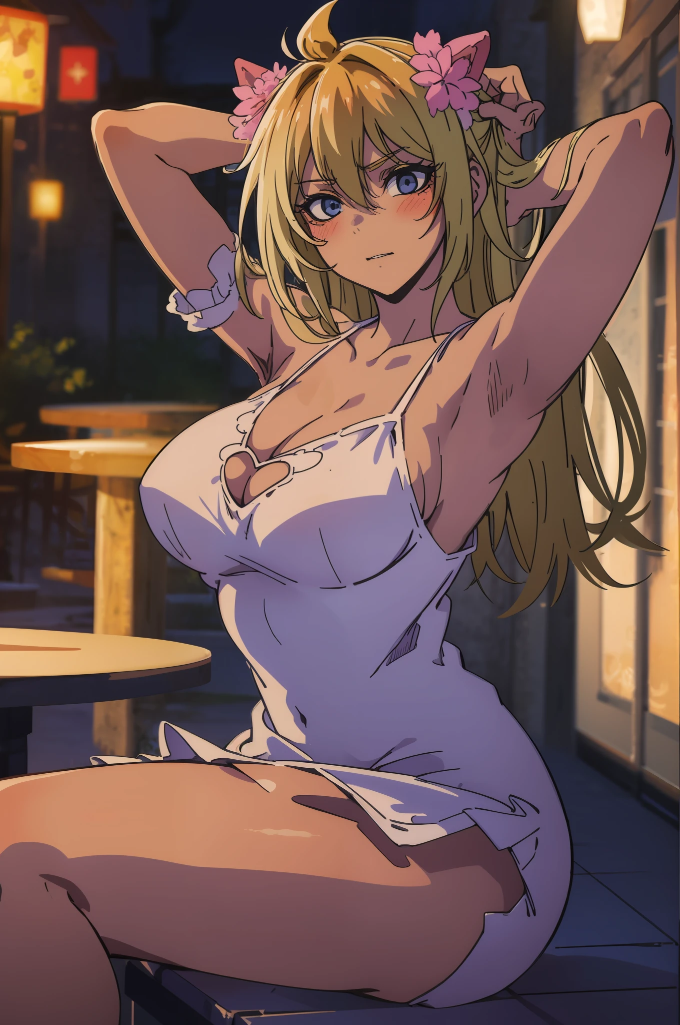 masterpiece, best quality, ultra-detailed, illustration, photo of a beautiful woman,hair ornament ,wearing pink dress ,spread arms, medium boobs,(shaved armpits:1.1), blushing, naughty face,sitting outside of restaurant,rim lighting, studio lighting,skin texture,skin pores , hyper detailed, 8k ultra UHD, --tall:1.1.5