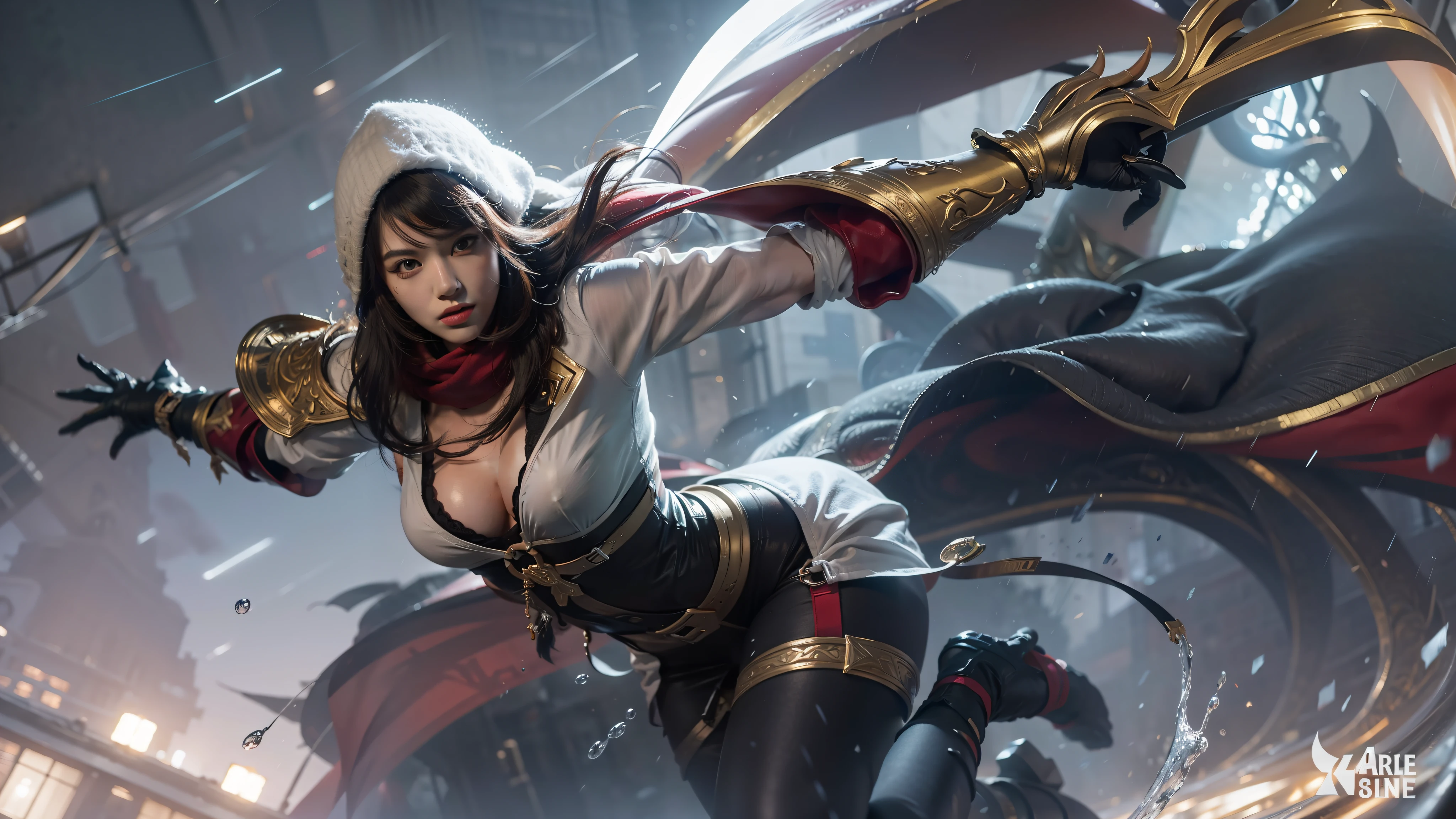 (masterpiece:1.3), (8k, photorealistic, RAW photo, best quality: 1.4), (1girl), beautiful face, (realistic face), a close up of a woman with a claw in a city, style artgerm, ig model | artgerm, artgerm lau, extremely detailed artgerm, league of legends character art, official splash art, artgerm detailed, splash art