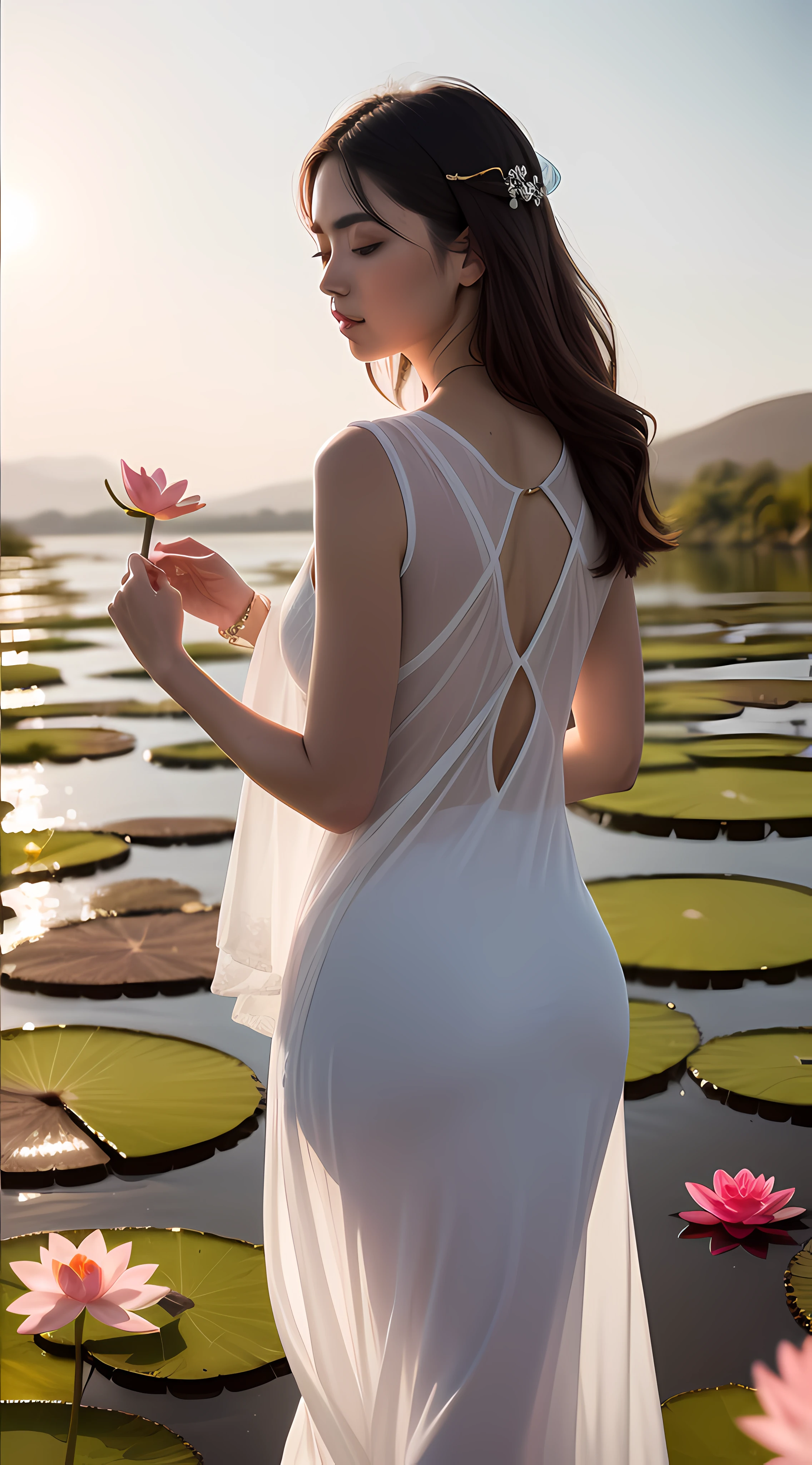 The painting is a true masterpiece, illustrating a serene and tranquil scene of a young woman standing in the midst of a lotus pond. The woman is dressed in a flowing white gown, which blows gently in the wind, revealing her delicate figure. Her long, jet-black hair cascades down her back, adding to the beauty and elegance of the scene.

The lotus pond is full of blooming lotus flowers in all shades of pink and white, with their delicate petals opening towards the sun. The sun's rays shine down on the pond, illuminating the woman and the lotus flowers with a golden light. The water shimmers with a gentle ripple, creating a sense of movement and life in the painting.

The woman stands with a gentle and serene expression on her face, as if she is in deep contemplation. The way she is standing creates a sense of balance and harmony, as if she is one with the lotus pond. The lotus flowers are arranged in a way that creates a sense of depth and perspective, drawing the viewer's eye deep into the painting.

The painting is a true masterpiece of art, with every detail carefully composed to create a sense of beauty, elegance, and tranquility. It is a work of art that captures the essence of nature, the beauty of the human form, and the sense of peace that comes from being in harmony with the world around us.