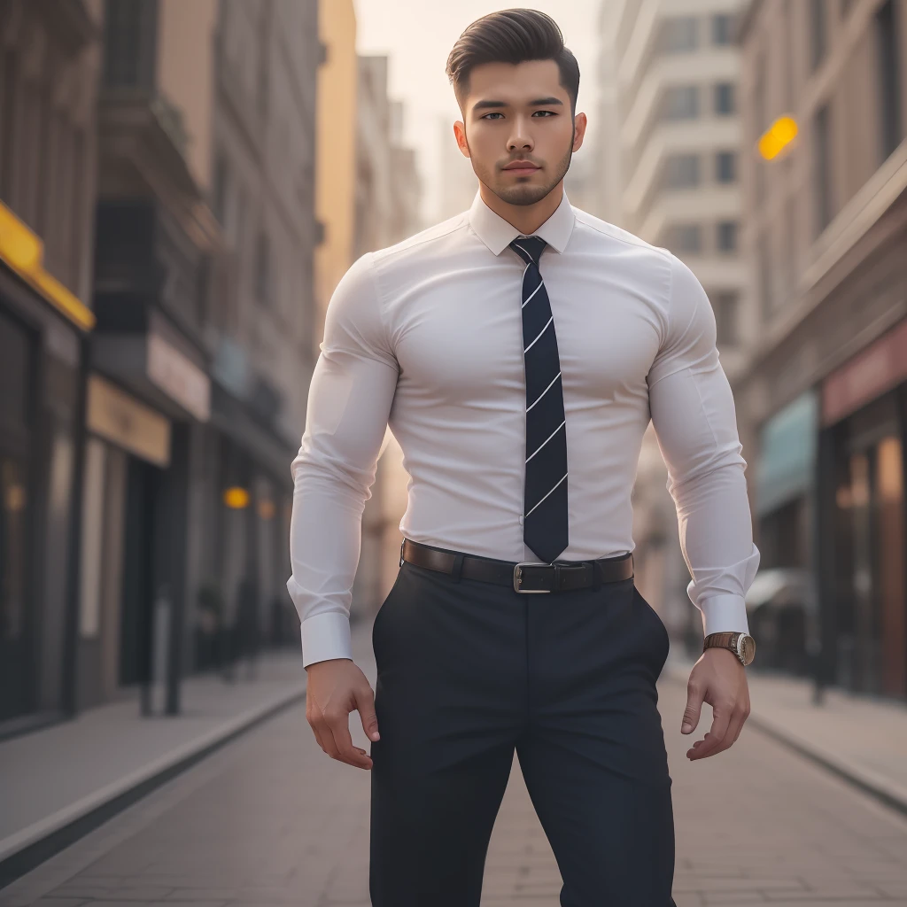 1man, a 30 year old muscular man, wearing a long sleeved white shirt, tie, leather shoes, full body, soft lighting, masterpiece, best quality, 8k uhd, digital DSLR camera, film particles, Fujifilm XT3 realistic painting art