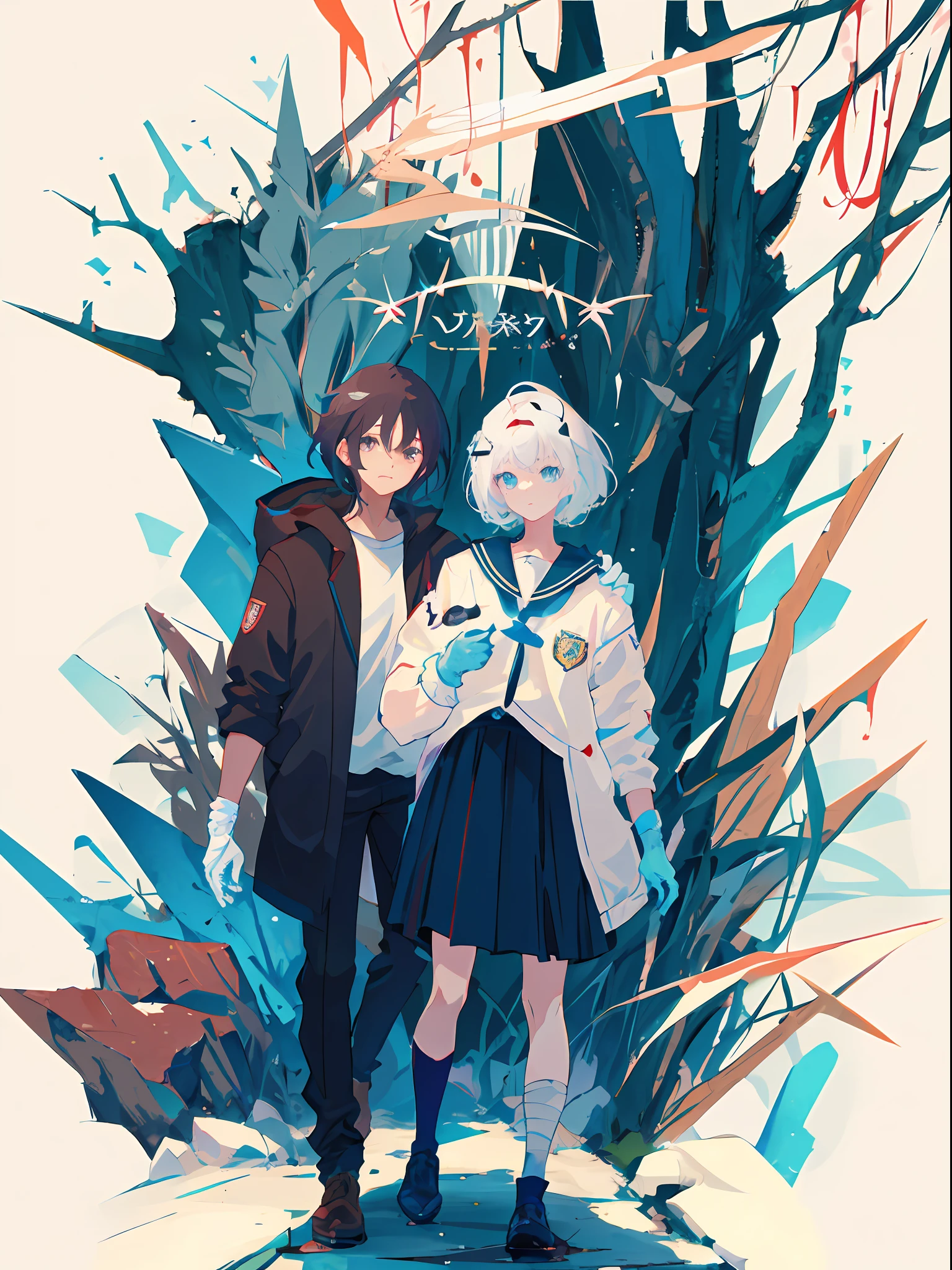 master masterpiece，high quallity，1girl，A female investigator wears a student uniform，anime girl with white hair and black gloves walking through a forest, artwork in the style of guweiz, anime lush john 8k woods, anime cover,detailed anime character art, anime style 4 k, The character depiction is very detailed，The female investigator in the picture has multiple scars，He was wrapped in bandages，It gives a terrifying feeling that the female investigator wears a jacket，The whole image is very nuanced。