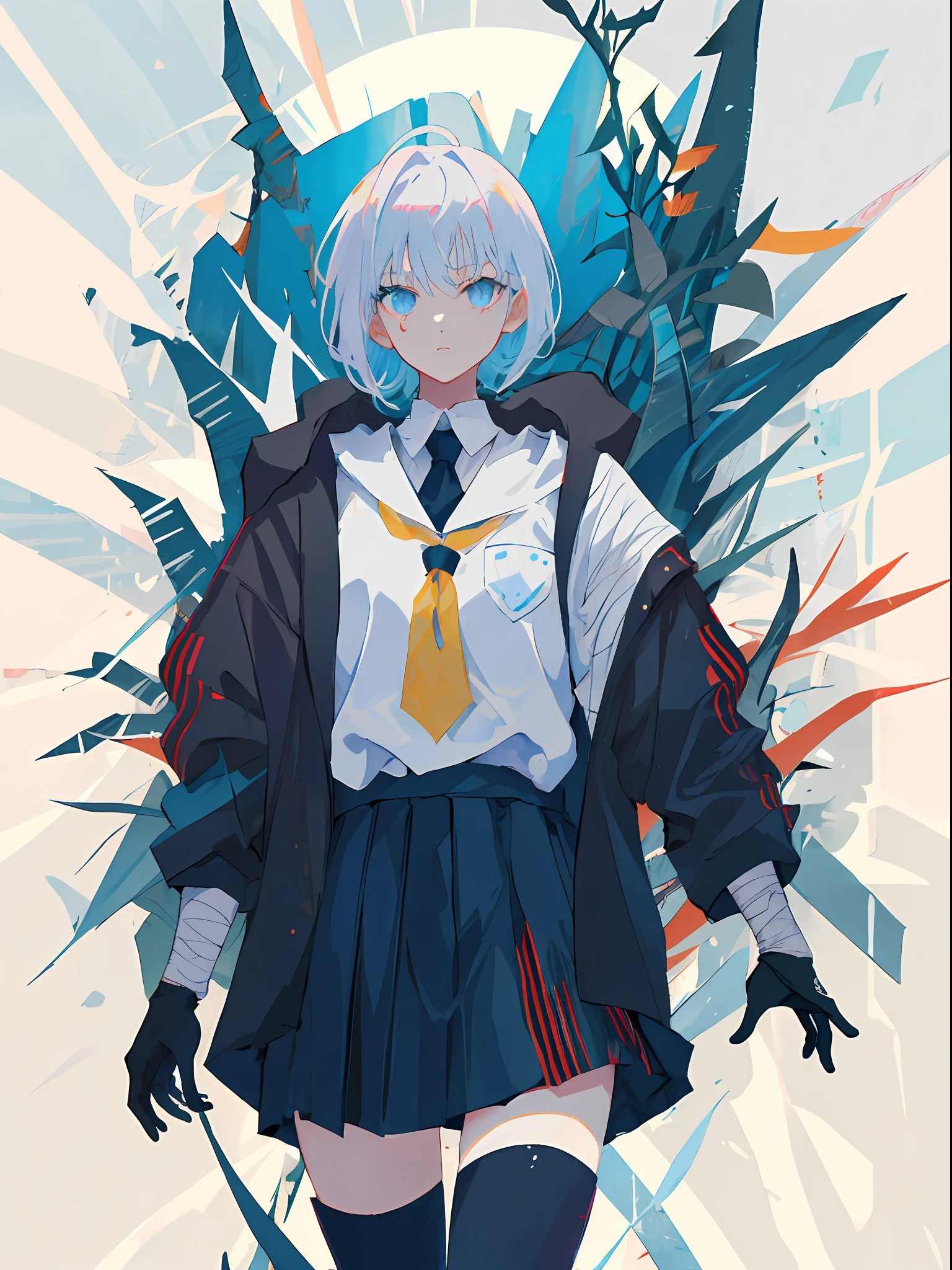 master masterpiece，high quallity，1girl，A female investigator wears a student uniform，anime girl with white hair and black gloves walking through a forest, artwork in the style of guweiz, anime lush john 8k woods, anime cover,detailed anime character art, anime style 4 k, The character depiction is very detailed，The female investigator in the picture has multiple scars，He was wrapped in bandages，It gives a terrifying feeling that the female investigator wears a jacket，The whole image is very nuanced。