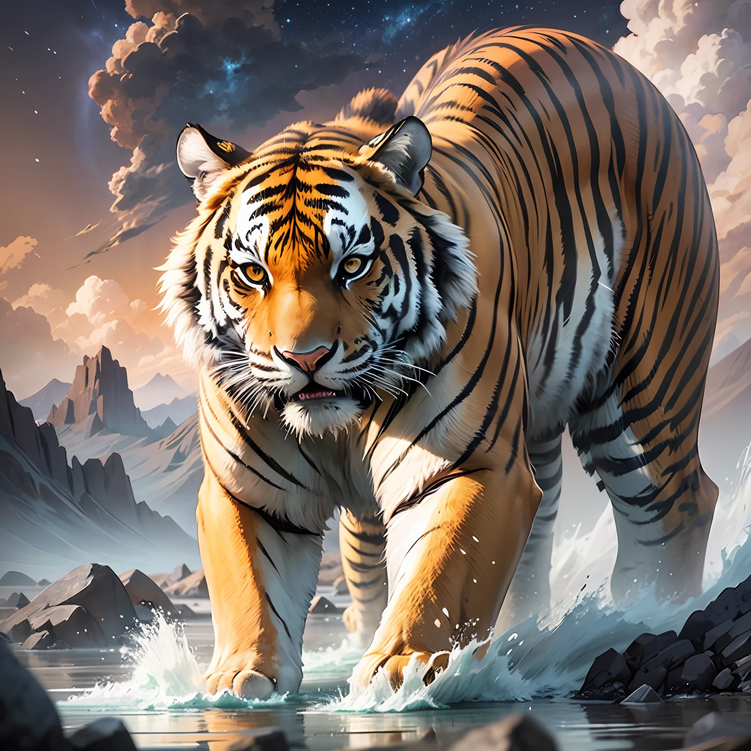 A majestic tiger wearing a champion belt stands out gracefully in the'Vastness of the'espace - Captivating artistic creation by'un tigre champion dans un environnement spatial impressionnant.
