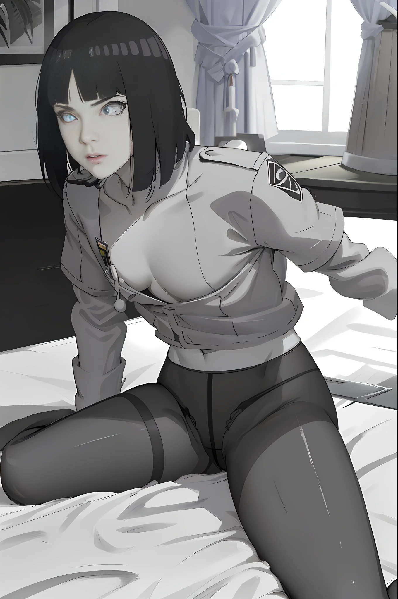 "Capture the intricate details of this masterpiece from a low angle:动漫2D的眼睛,A girl frowns in disgust and anger,F-cup br,Policewoman dressed in white's uniform,Unbutton to reveal the chest,With a policewoman uniform hat,Detailed rendering,reddened cheeks。Lie on the bed and spread your legs,Her skirt revealed pantyhose,Her panties can be seen under the sheer material,expose waist, The chest is only covered by chest patches,2.5D, detailded, ,Flat color only, illustartion, arte de linha:0.8, best best quality,,Expose the waist,((Realistic lighting effects,best best quality,8k,master masterpiece:1.3)),Clear focus:1.2,1girl,A beauty with a perfect body:,slim abs,