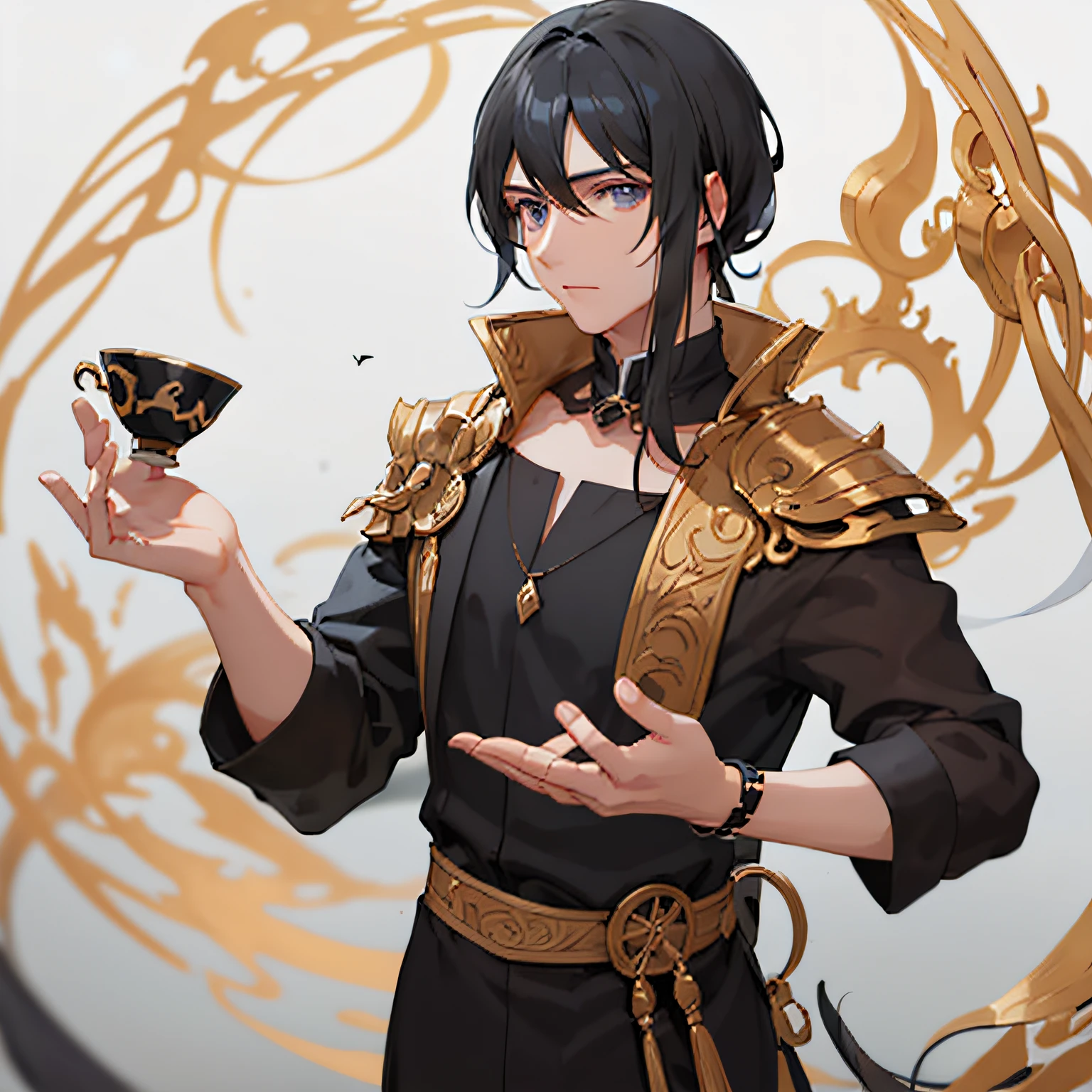 Style image of man with black hair and black dress, , Holding porcelain in his hand,Black hair with metal trim - haired mage, Antique art