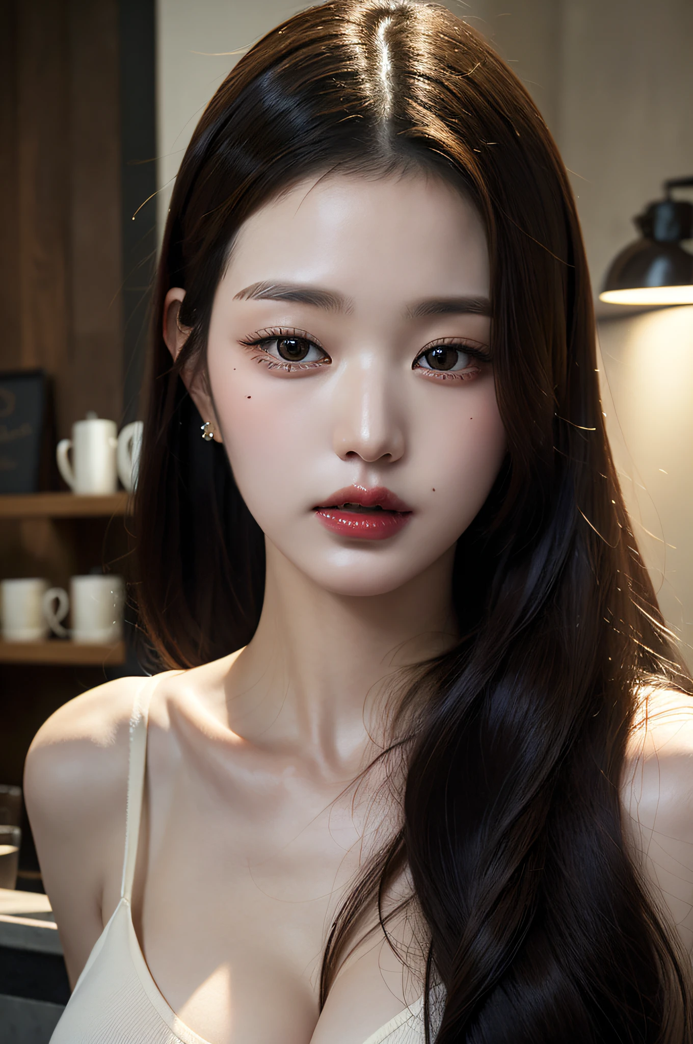 best best quality， master masterpiece， Super high resolution， （PhotoRealistic：1.4）， RAW photo of， 1女孩， an earring， jewellery， 1女孩， BLACK HAIR， looking at the viewers， coffee shop，photorealestic，gigantic tits，Undergarment