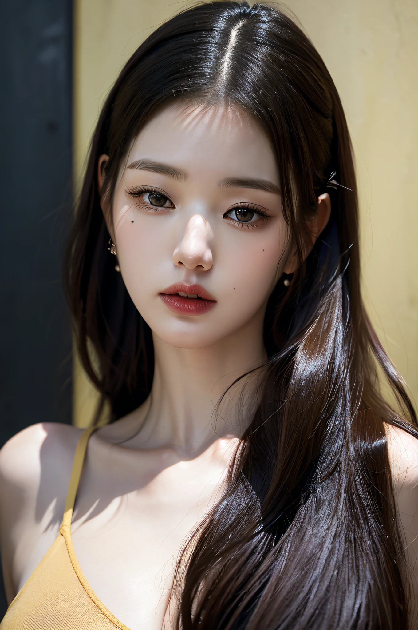 best best quality， master masterpiece， Super high resolution， （PhotoRealistic：1.4）， RAW photo of， 1女孩， an earring， jewellery， 1女孩， BLACK HAIR， looking at the viewers， coffee shop，photorealestic，gigantic tits，Undergarment