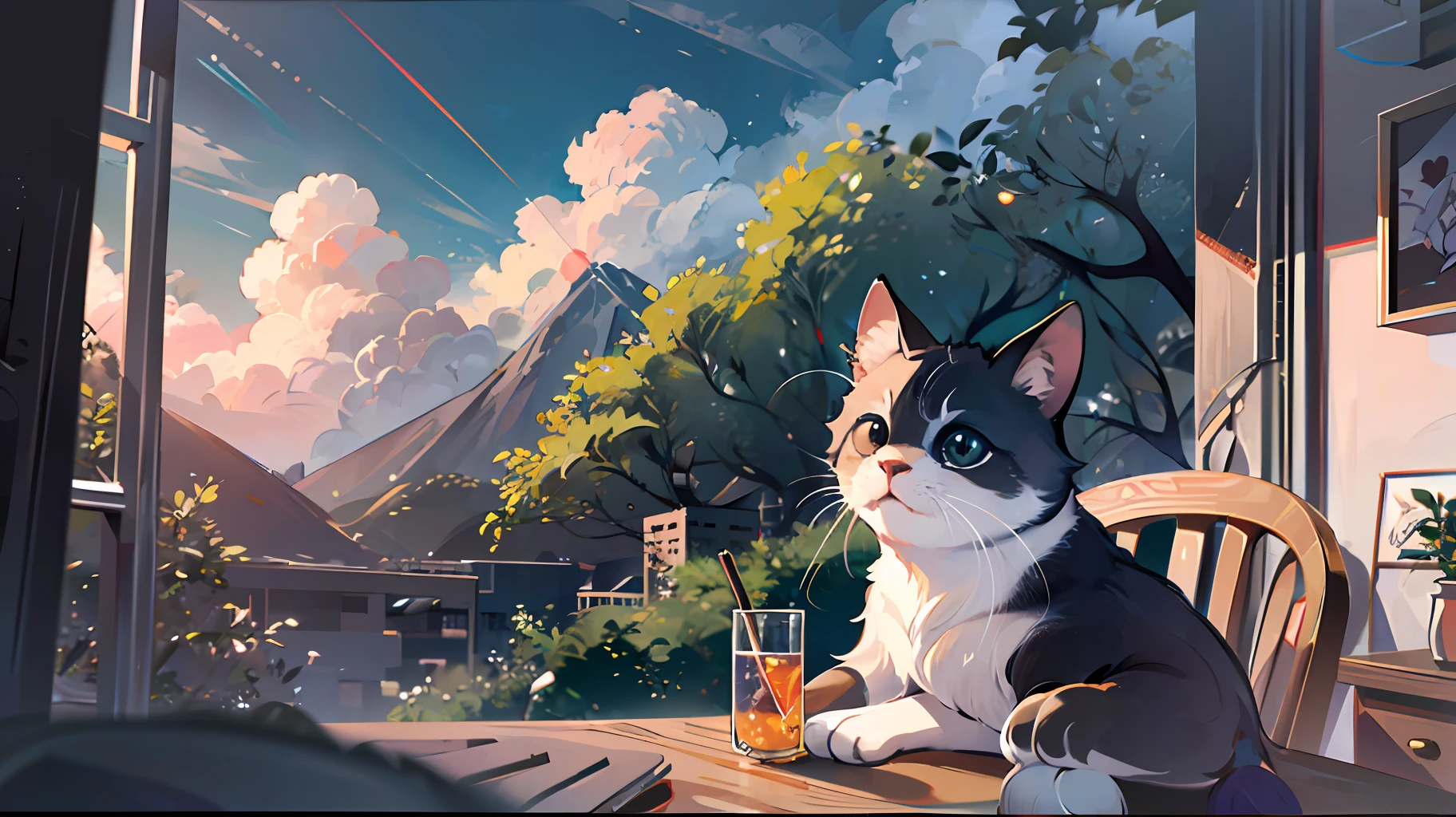 There is a cat sitting at a table with a glass of wine - SeaArt AI