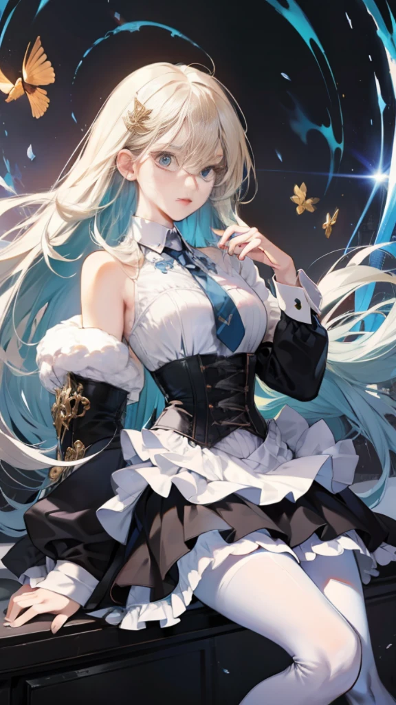 Nadakh,RAW,(Complex detail),1女孩,solo,pale,Poker face,gold long hair,(Black corset strap cotton dress:1.1),Long white sleeves, layered collar, plain lining+Necktie+Slip A-line skirt,black pantyhoses,HIGH HEELS,Belt slim waist,(Dark Fantasy:1.2),(Last boss:1.25),White horror theme,Grandeur,((Fantastic illustrations)),(Detailed splash),
