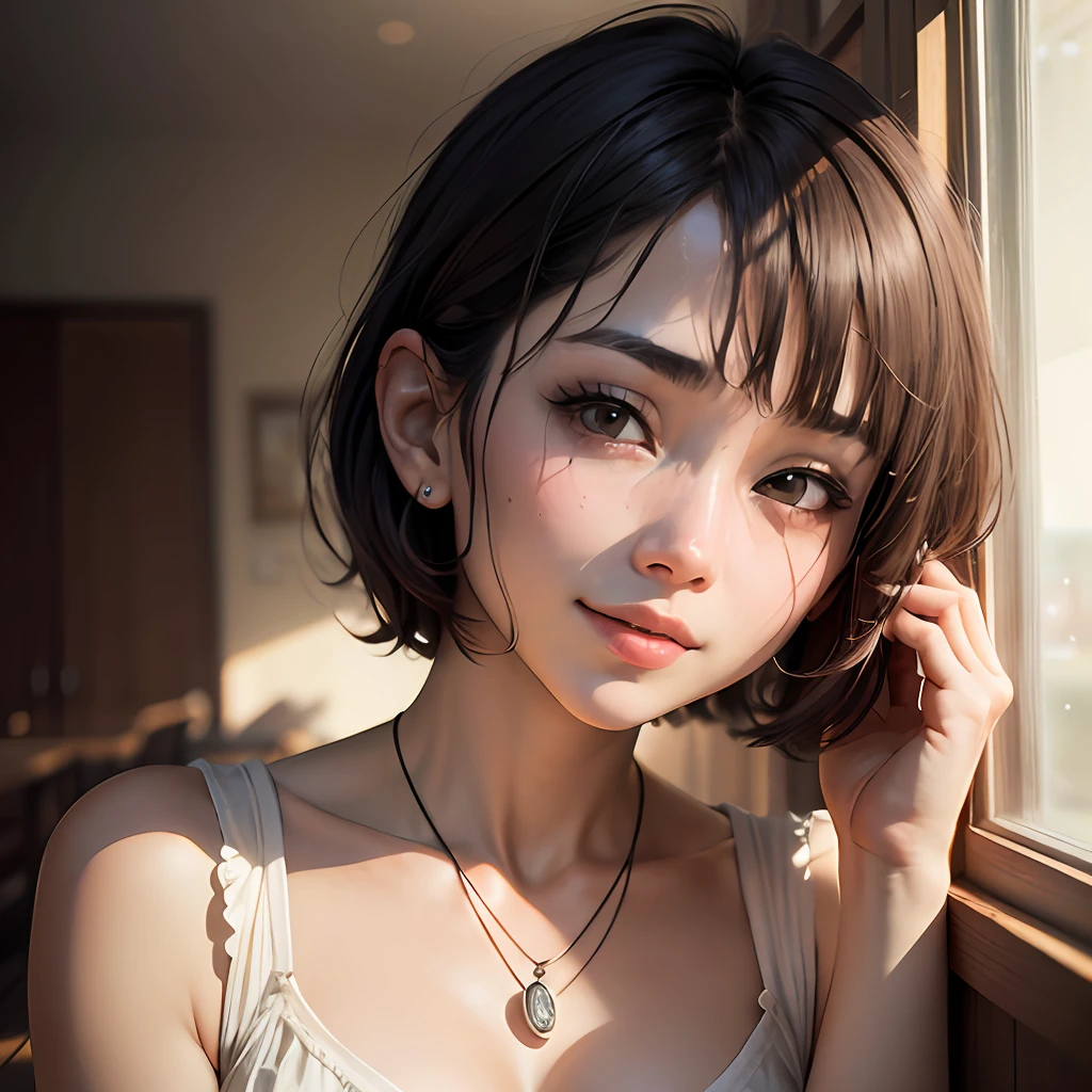 master masterpiece、master masterpiece、The Highest Quality、The Highest Quality、Realstic、Unity、8k 壁紙、Official Art、非常に詳細な CG Unity 8k 壁紙、Ulzzang-6500、(original: 1.2)、(Realstic: 1.4)、Super Detailed、HIGH DEFINITION、Super Detailed,Splendid, Fine detail, cinematic lighting, (1girl:1.4 ), (Brownish|dark short hair:1.4), medium Hair, (realistic skin:1.2), (with light brown skin:1.2),(small breasts), Beautiful Girl Beautiful Details、Highly Detailed Eyes and Faces、Eyes with beautiful details、Huge File Size、ultra detailed and beautiful、Red Face、m embarrassed、(Chuckling:1.2)、Dark Eyes、Model shoot style、full body photographed、an earring、chain necklace、Loft Apartment、livingroom、(Almost empty room)、by Tadashi Nakayama, Kiko Mizuhara, sui ishida with black hair, aoi ogata, kiyoko suzuki, --auto