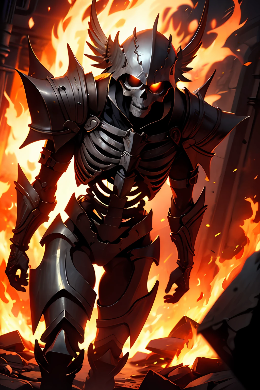 skeleton in armor walking through fire, fantasy, Hyperrealism, cinematic lighting, ray tracing, from below, from below, Canon, 35mm, award winning, anatomically correct, super detail, masterpiece