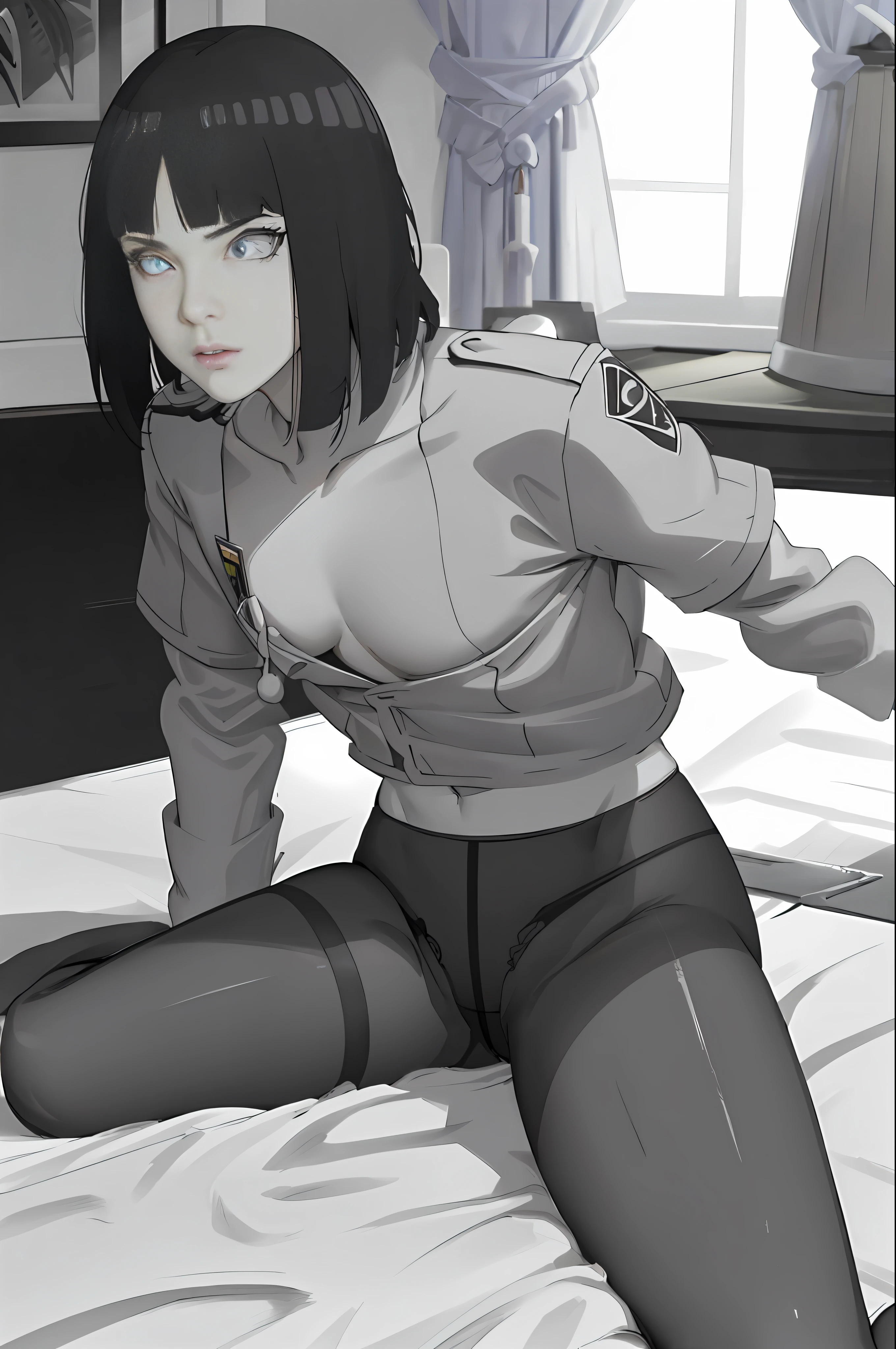 "Capture the intricate details of this masterpiece from a low angle:动漫2D的眼睛,A girl frowns in disgust and anger,F-cup br,Policewoman dressed in white's uniform,Unbutton to reveal the chest,With a policewoman uniform hat,Detailed rendering,reddened cheeks。Lie on the bed and spread your legs,Her skirt revealed pantyhose,Her panties can be seen under the sheer material,expose waist, The chest is only covered by chest patches,2.5D, detailded, ,Flat color only, illustartion, arte de linha:0.8, best best quality,,Expose the waist,((Realistic lighting effects,best best quality,8k,master masterpiece:1.3)),Clear focus:1.2,1girl,A beauty with a perfect body:,slim abs,