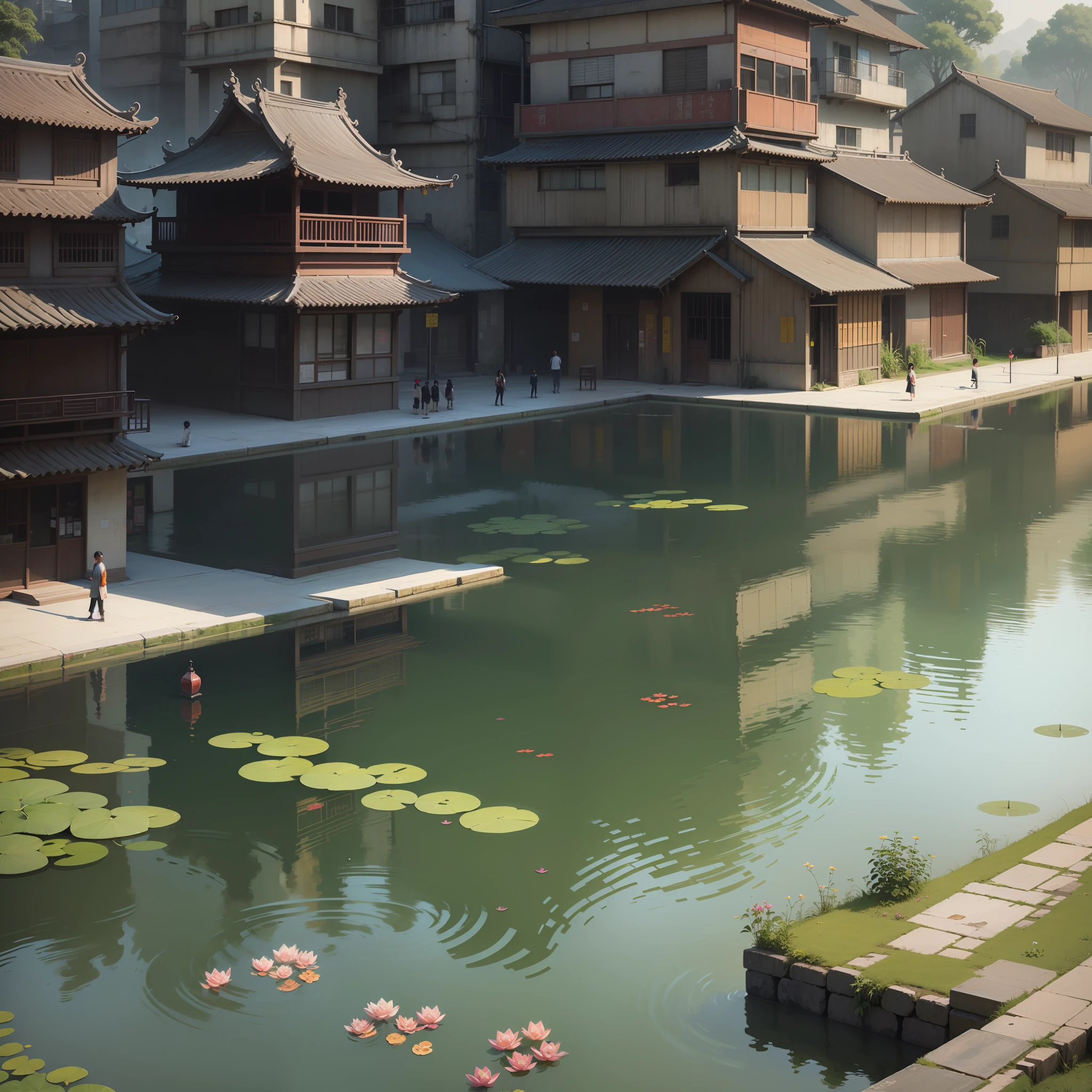 "The pond is surface and rippled，Fantasy city in the sun，Street signs and traffic lights"，guangjiao，Detail