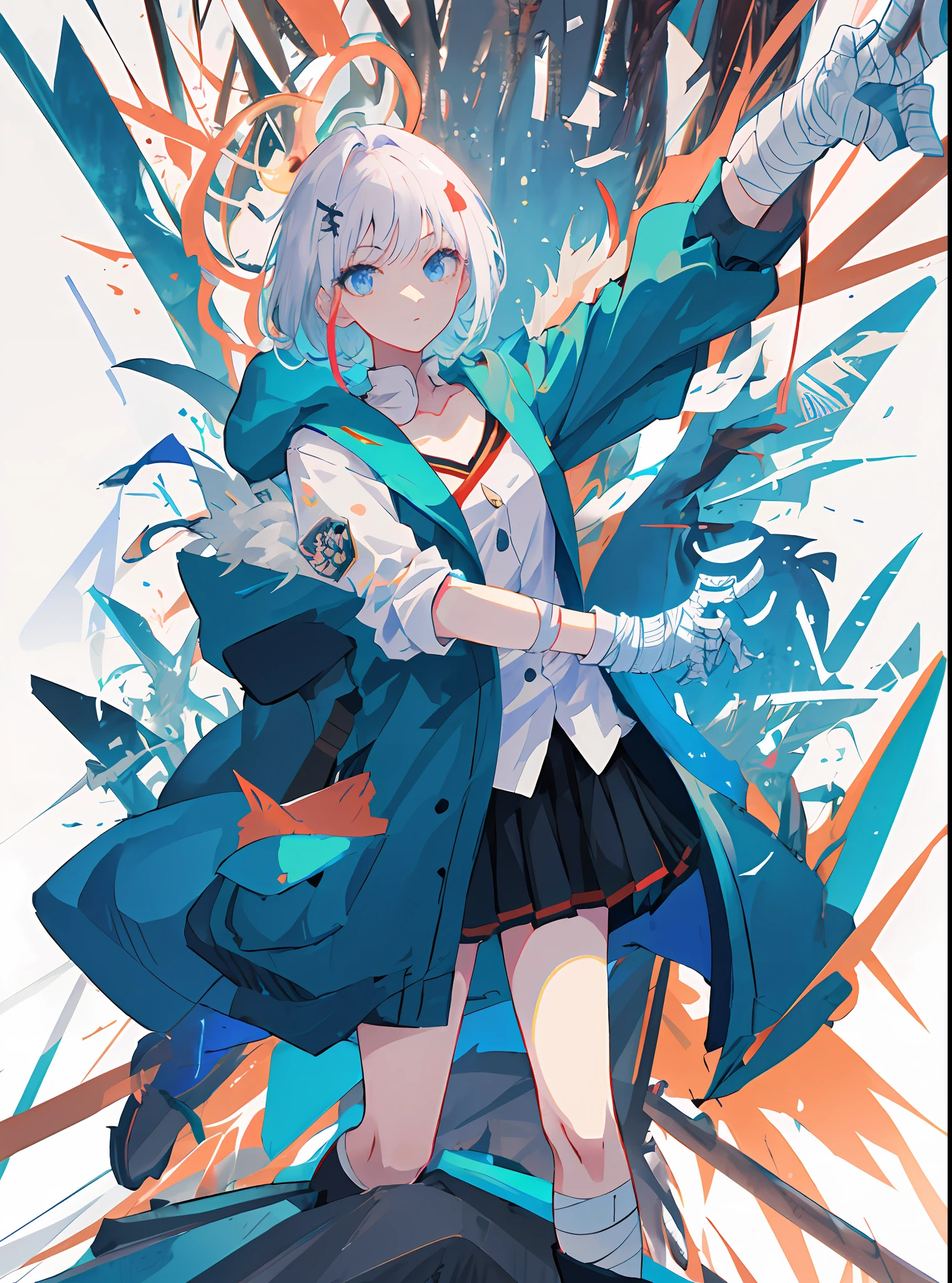 master masterpiece，high quallity，1girl，A female investigator wears a student uniform，anime girl with white hair and black gloves walking through a forest, artwork in the style of guweiz, anime lush john 8k woods, anime cover,detailed anime character art, anime style 4 k, The character depiction is very detailed，The female investigator in the picture has multiple scars，He was wrapped in bandages，It gives a terrifying feeling that the female investigator wears a jacket，The whole image is very nuanced。