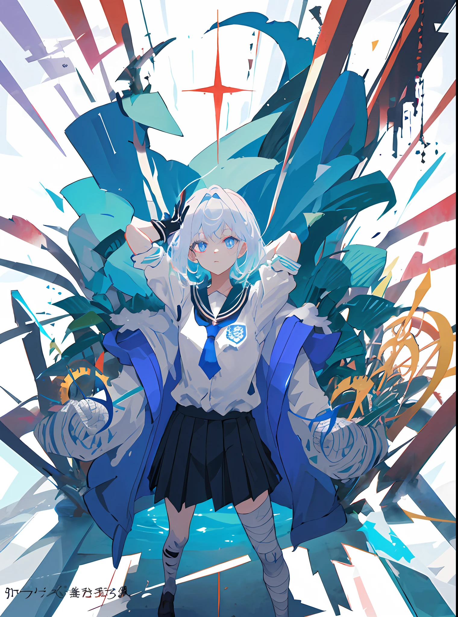 master masterpiece，high quallity，1girl，A female investigator wears a student uniform，anime girl with white hair and black gloves walking through a forest, artwork in the style of guweiz, anime lush john 8k woods, anime cover,detailed anime character art, anime style 4 k, The character depiction is very detailed，The female investigator in the picture has multiple scars，He was wrapped in bandages，It gives a terrifying feeling that the female investigator wears a jacket，The whole image is very nuanced。