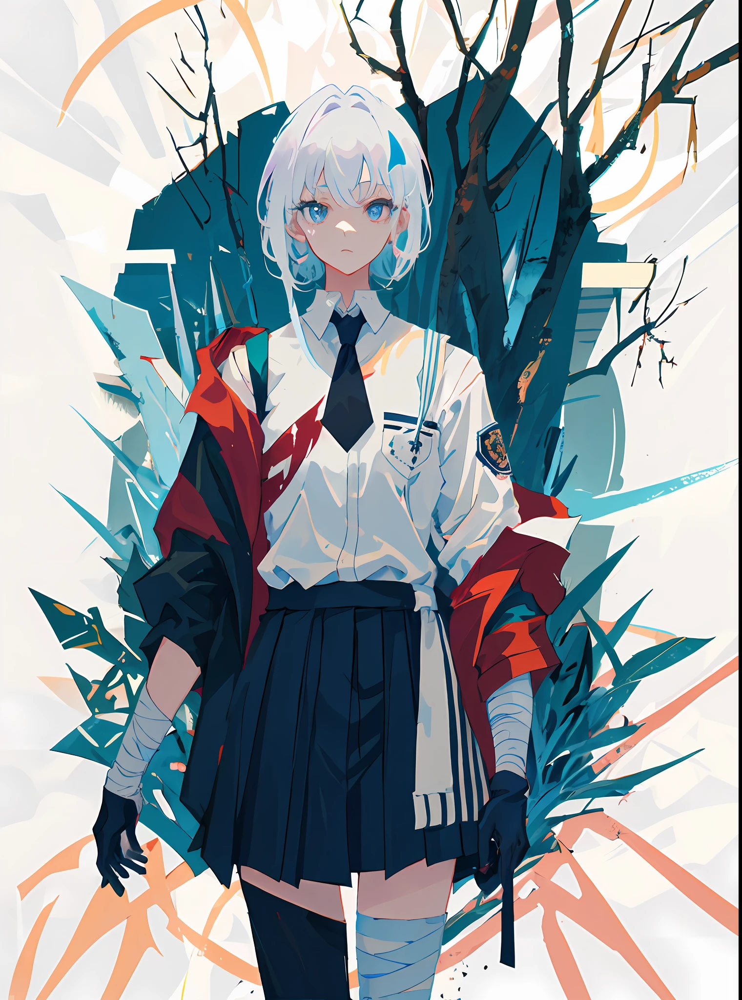 master masterpiece，high quallity，1girl，A female investigator wears a student uniform，anime girl with white hair and black gloves walking through a forest, artwork in the style of guweiz, anime lush john 8k woods, anime cover,detailed anime character art, anime style 4 k, The character depiction is very detailed，The female investigator in the picture has multiple scars，He was wrapped in bandages，It gives a terrifying feeling that the female investigator wears a jacket，The whole image is very nuanced。